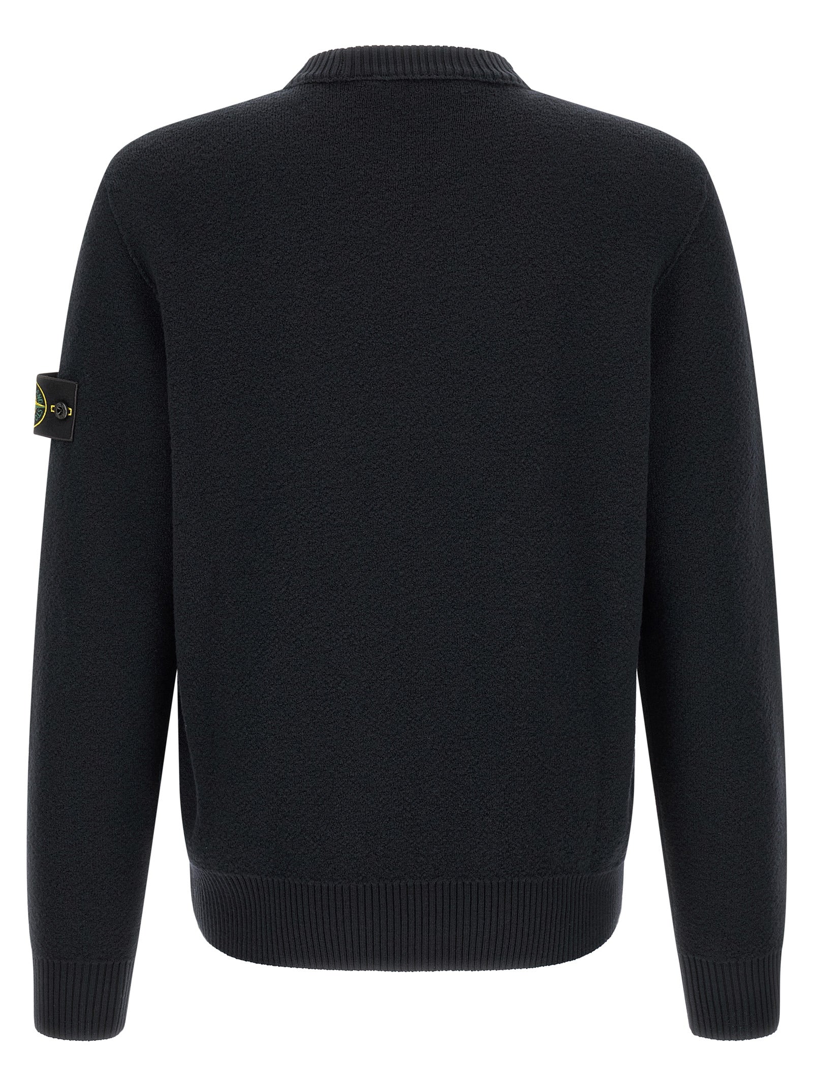 Cardigan by Stone Island for men in virgin wool blue showcases a luxurious silhouette, meticulously detailed with a sophisticated crew neckline and for a refined finish.