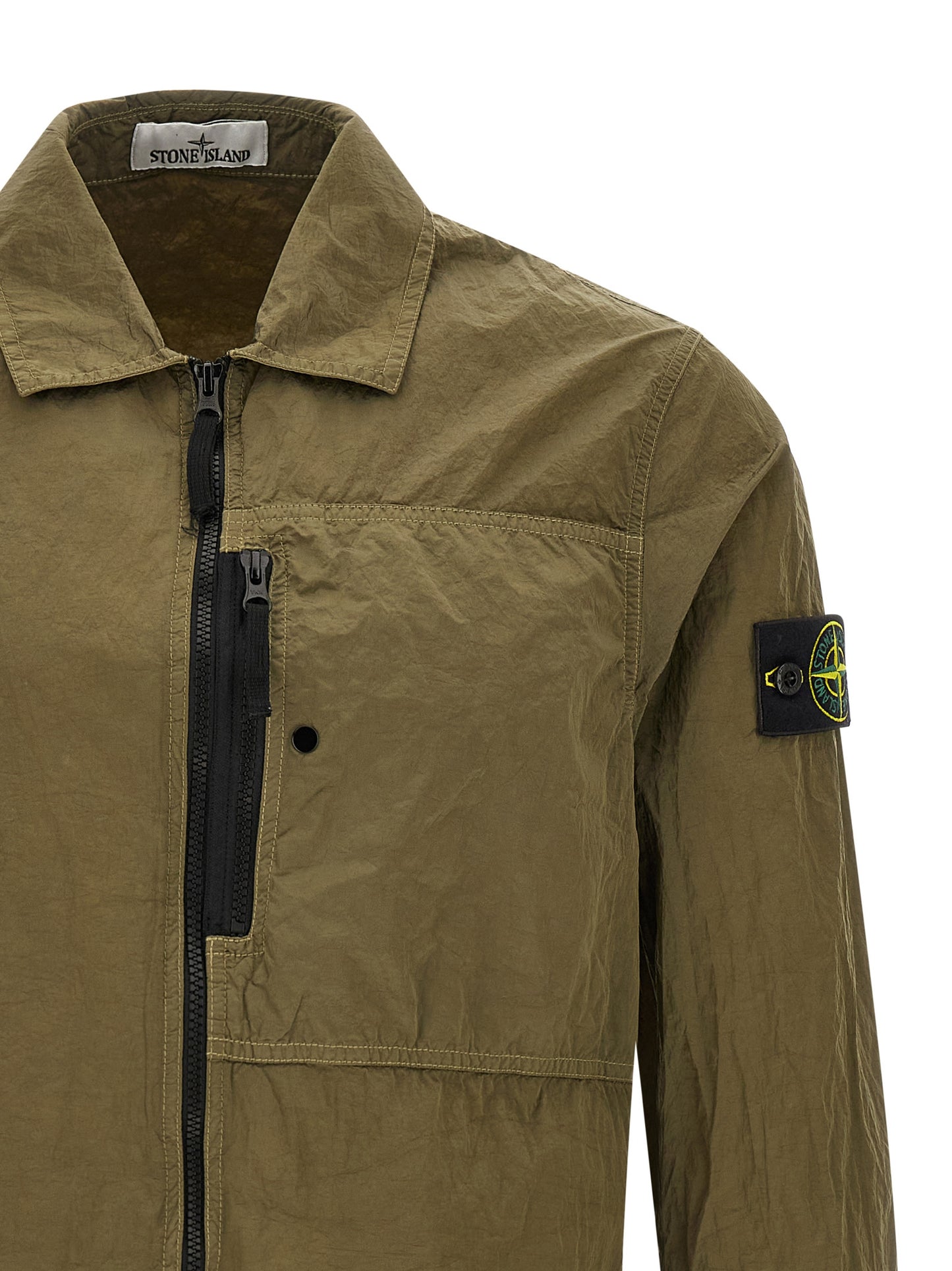 Overshirt by Stone Island for men in nylon bicolour, green & olive, featuring a nuanced and nuanced for a sophisticated finish.