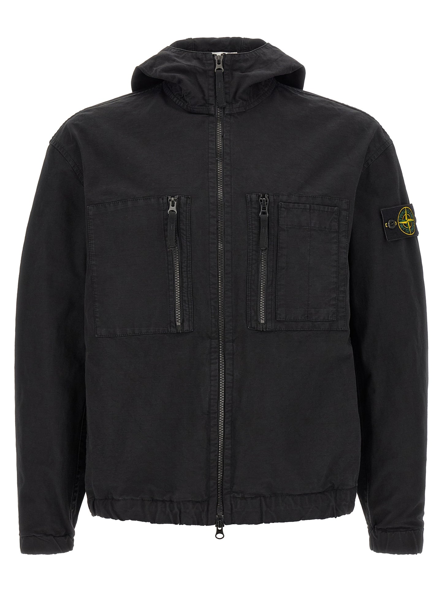 Hooded Windbreaker Jacket by Stone Island for men in cotton black features an perennial silhouette with a refined hooded neckline and perennial pockets, hooded & windproof for a sophisticated weather-resistant look.