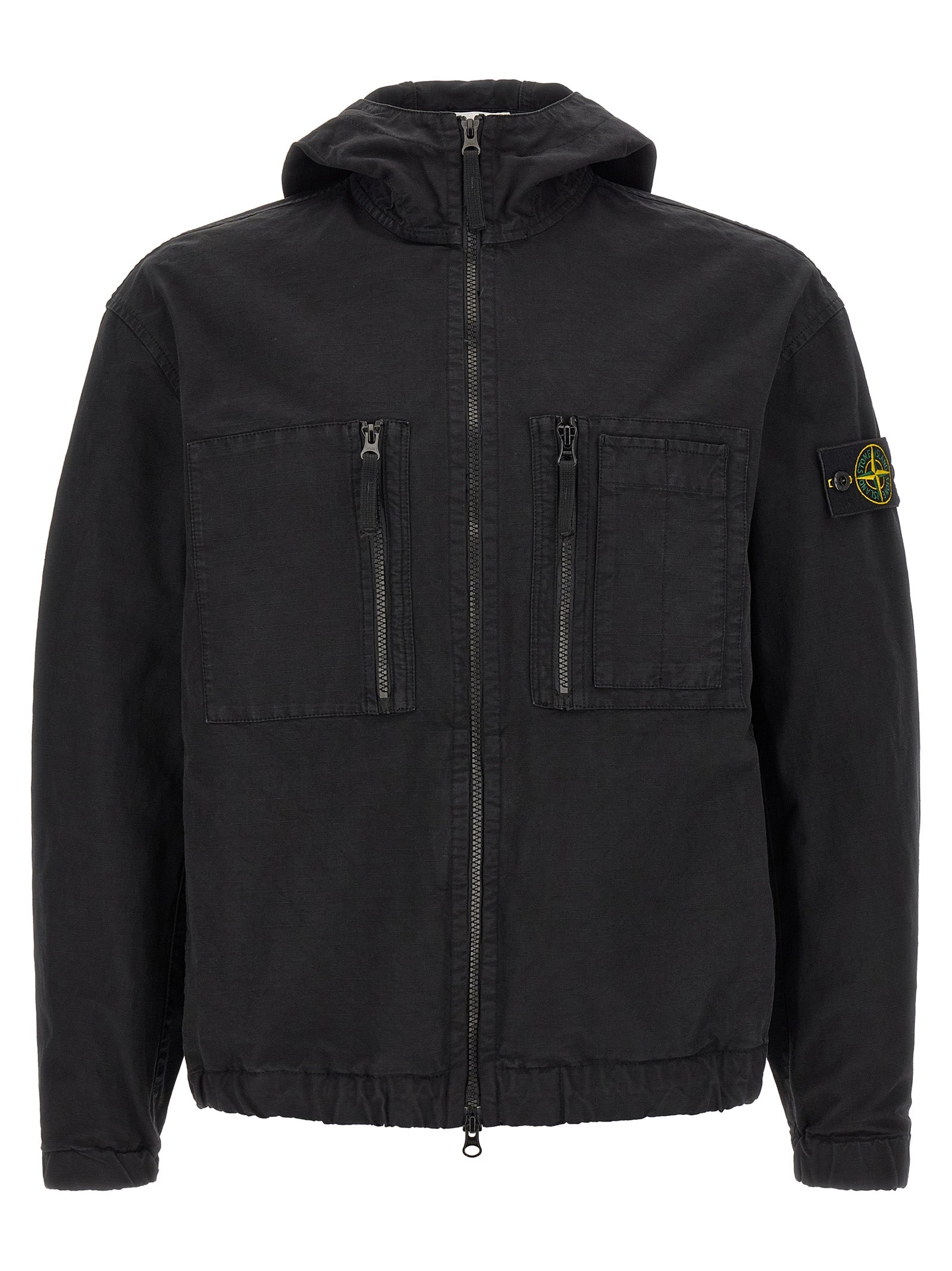 Hooded Windbreaker Jacket by Stone Island for men in cotton black features an perennial silhouette with a refined hooded neckline and perennial pockets, hooded & windproof for a sophisticated weather-resistant look.