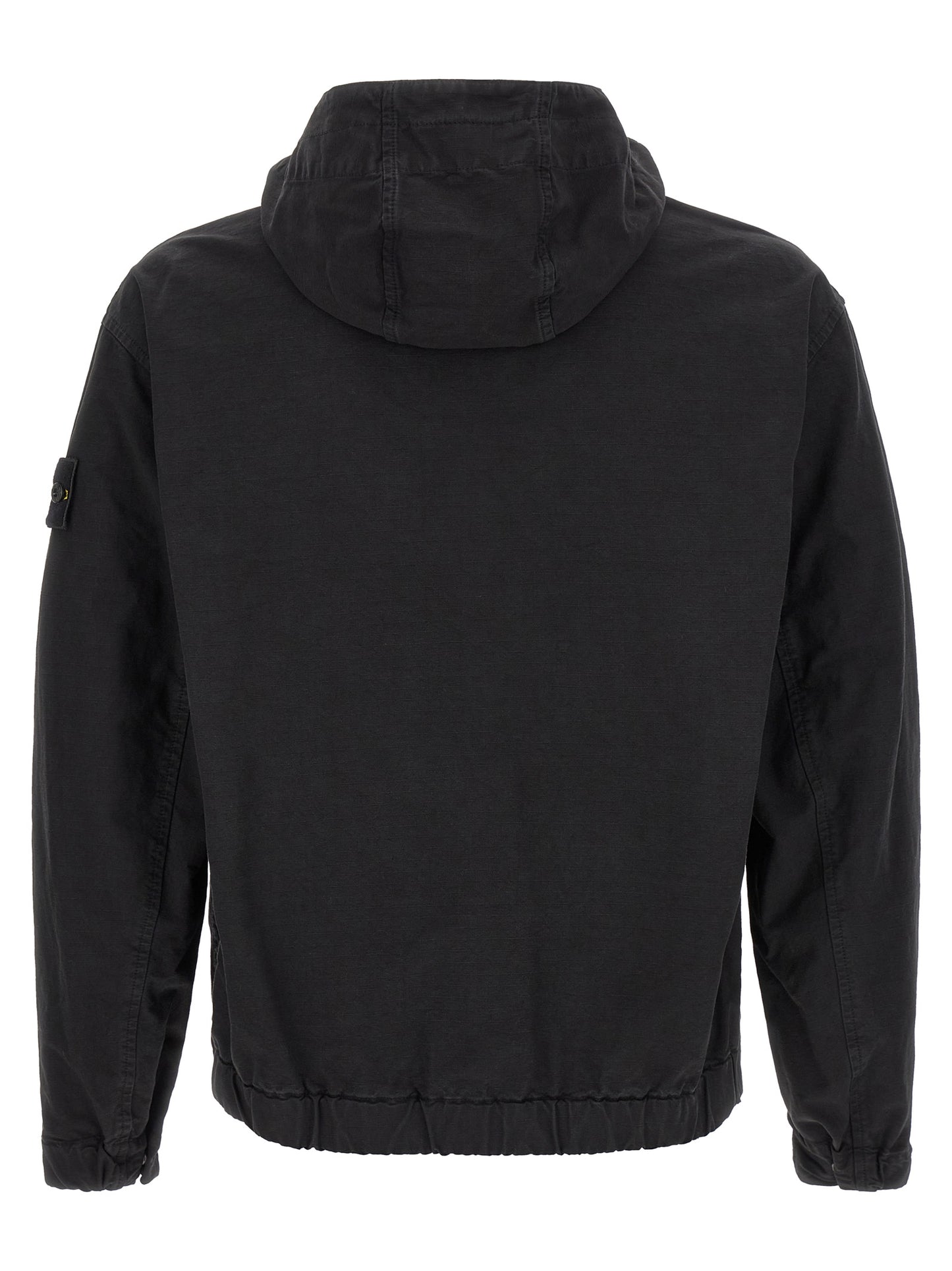 Hooded Windbreaker Jacket by Stone Island for men in cotton black presents a resilient silhouette, artfully detailed with a sophisticated hooded neckline and functional pockets, hooded & windproof for a resilient finish.