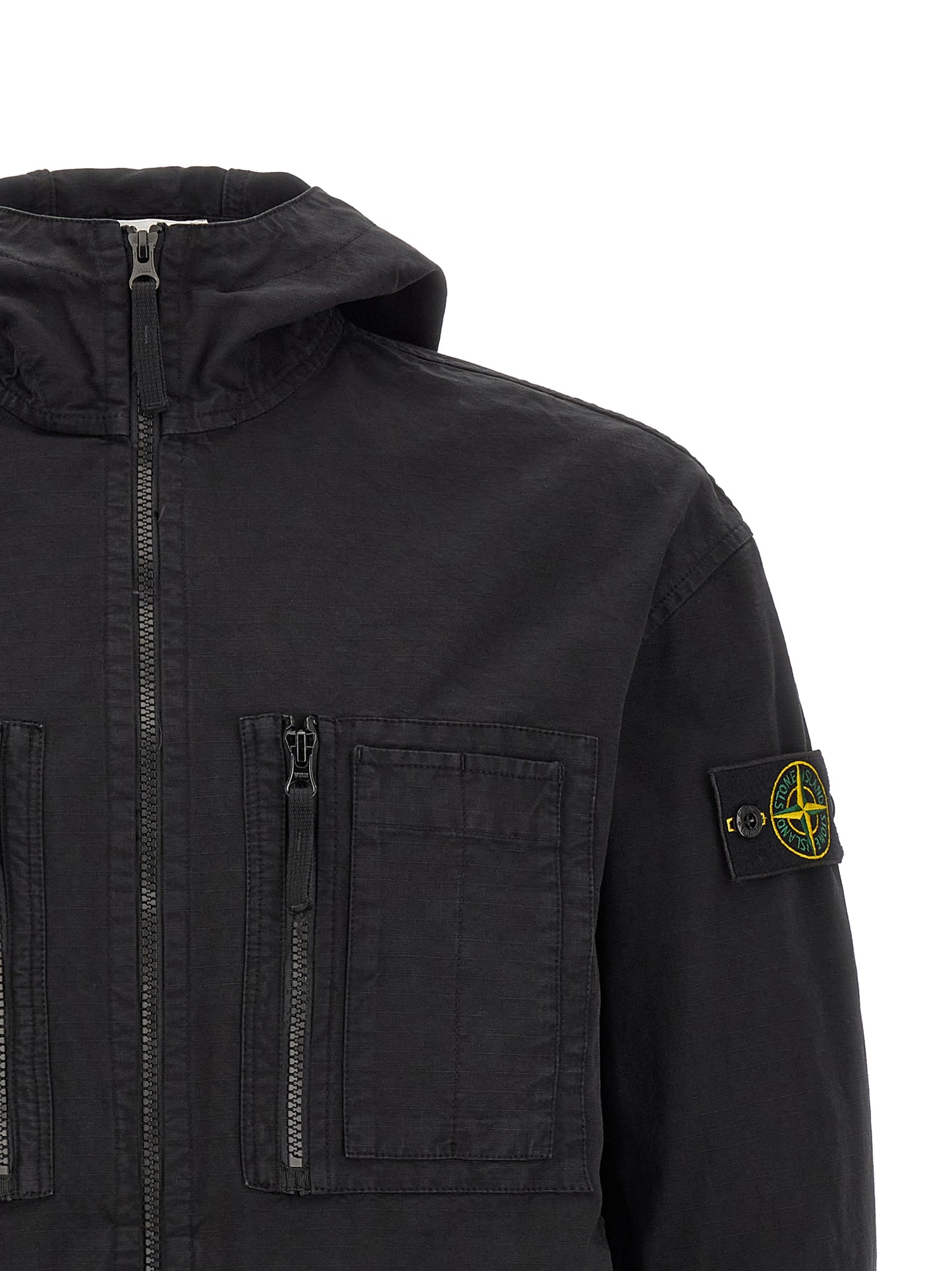 Hooded Windbreaker Jacket by Stone Island for men in cotton black features an stylish silhouette, showcasing a sophisticated hooded neckline and performance-driven pockets, hooded & windproof for a premium, stylish look.