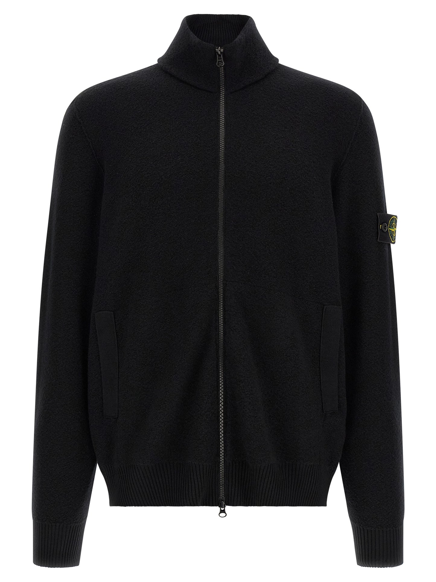 Cardigan by Stone Island for men in virgin wool black features an crisp silhouette, showcasing a sophisticated high-neck neckline and detail for a truly crisp finish.