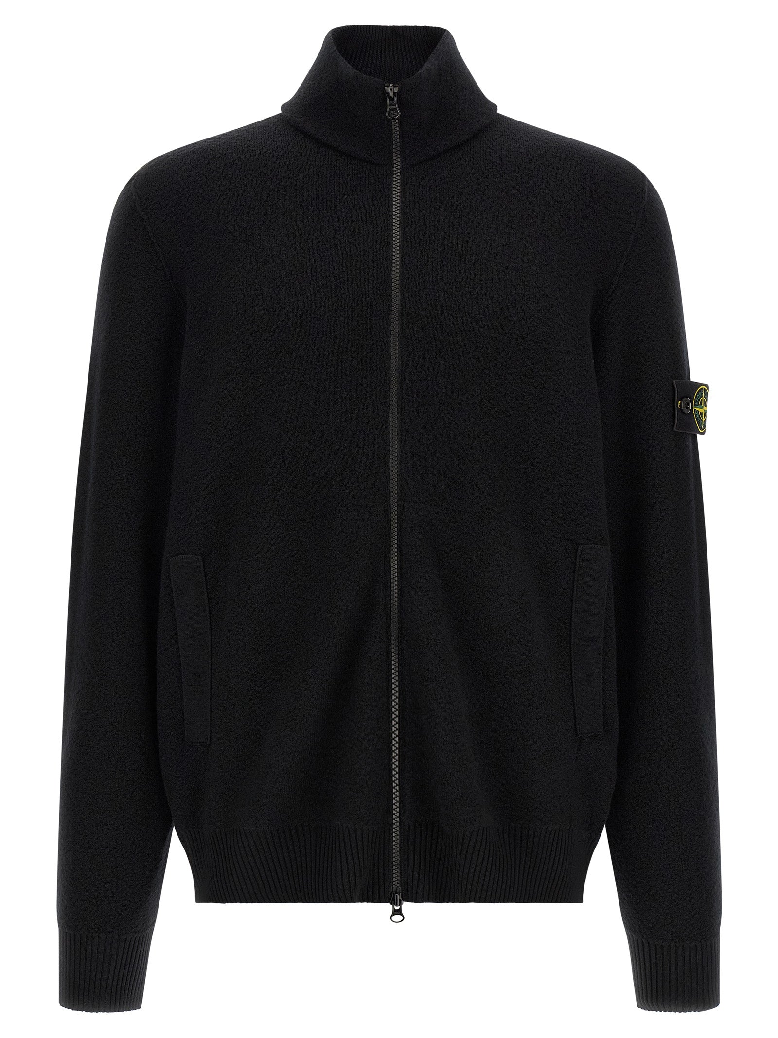 Cardigan by Stone Island for men in virgin wool black features an crisp silhouette, showcasing a sophisticated high-neck neckline and detail for a truly crisp finish.