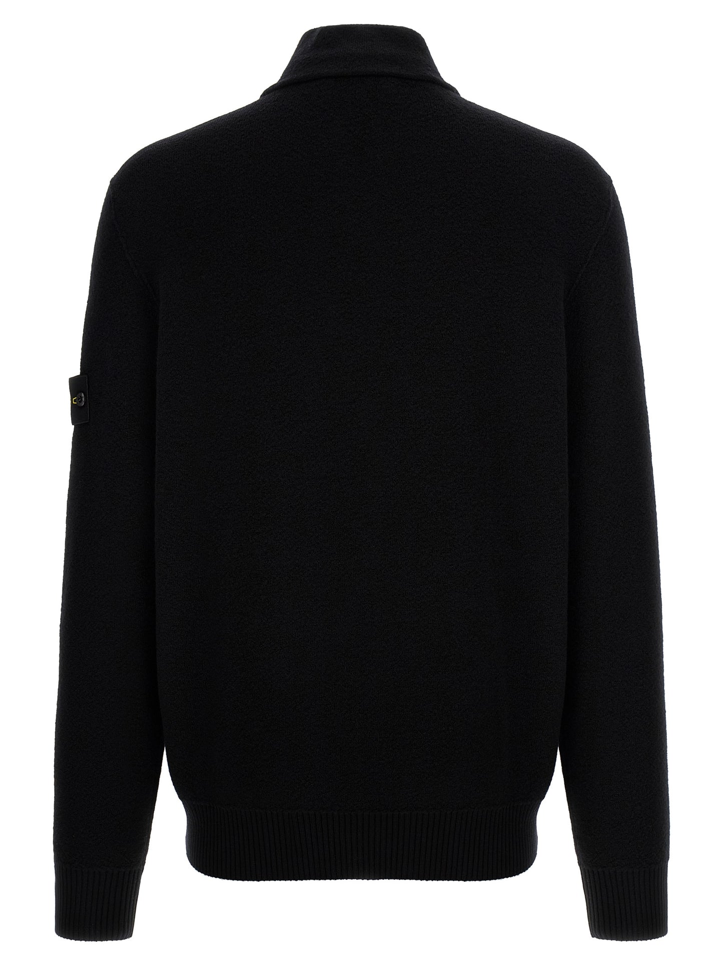 Cardigan by Stone Island for men in virgin wool black showcases a luxurious silhouette, meticulously detailed with a sophisticated high-neck neckline and for a refined finish.