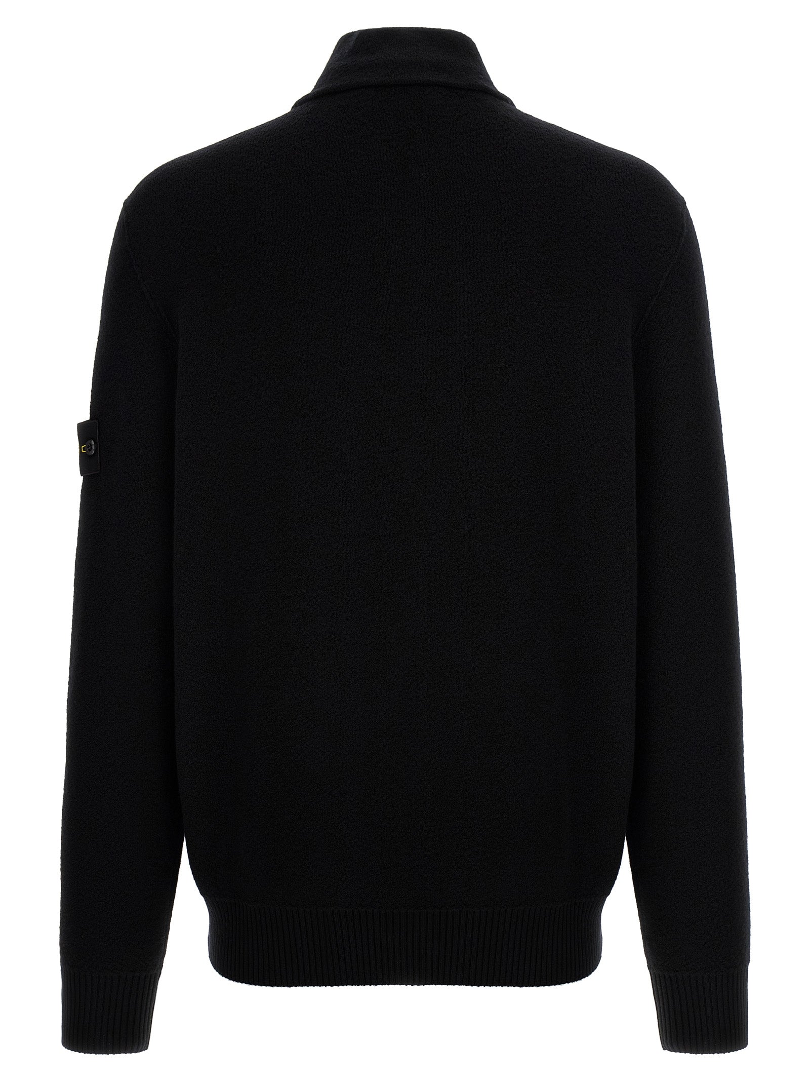 Cardigan by Stone Island for men in virgin wool black showcases a luxurious silhouette, meticulously detailed with a sophisticated high-neck neckline and for a refined finish.