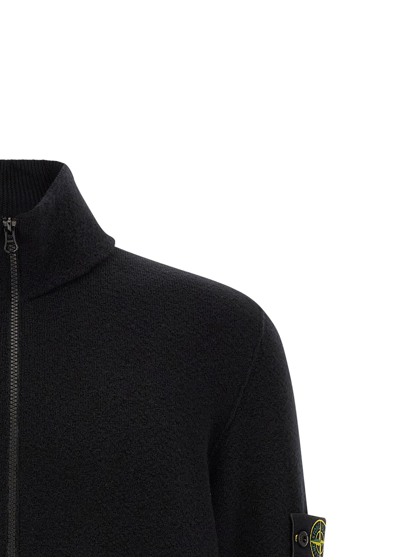 Cardigan by Stone Island for men in virgin wool black features an crisp silhouette, showcasing a sophisticated high-neck neckline and detail for a truly crisp finish.