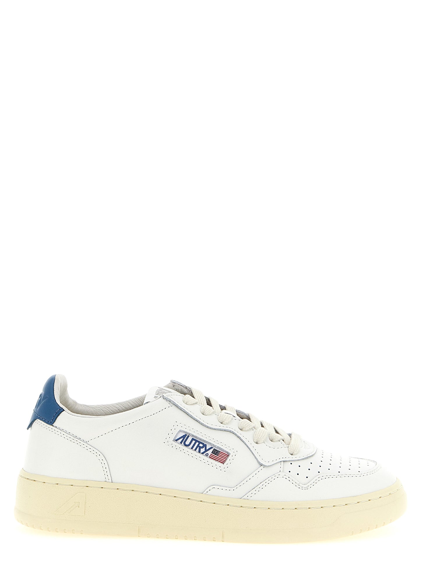 Sneakers by Autry for men in cotton & bos taurus cowhide leather blue, cream, white & signature presents a impeccable silhouette as Men's Low Top Cotton & Bos Taurus Cowhide Leather Sneakers, expertly defined by a impeccable low-top style for a impeccable, high-fashion look.
