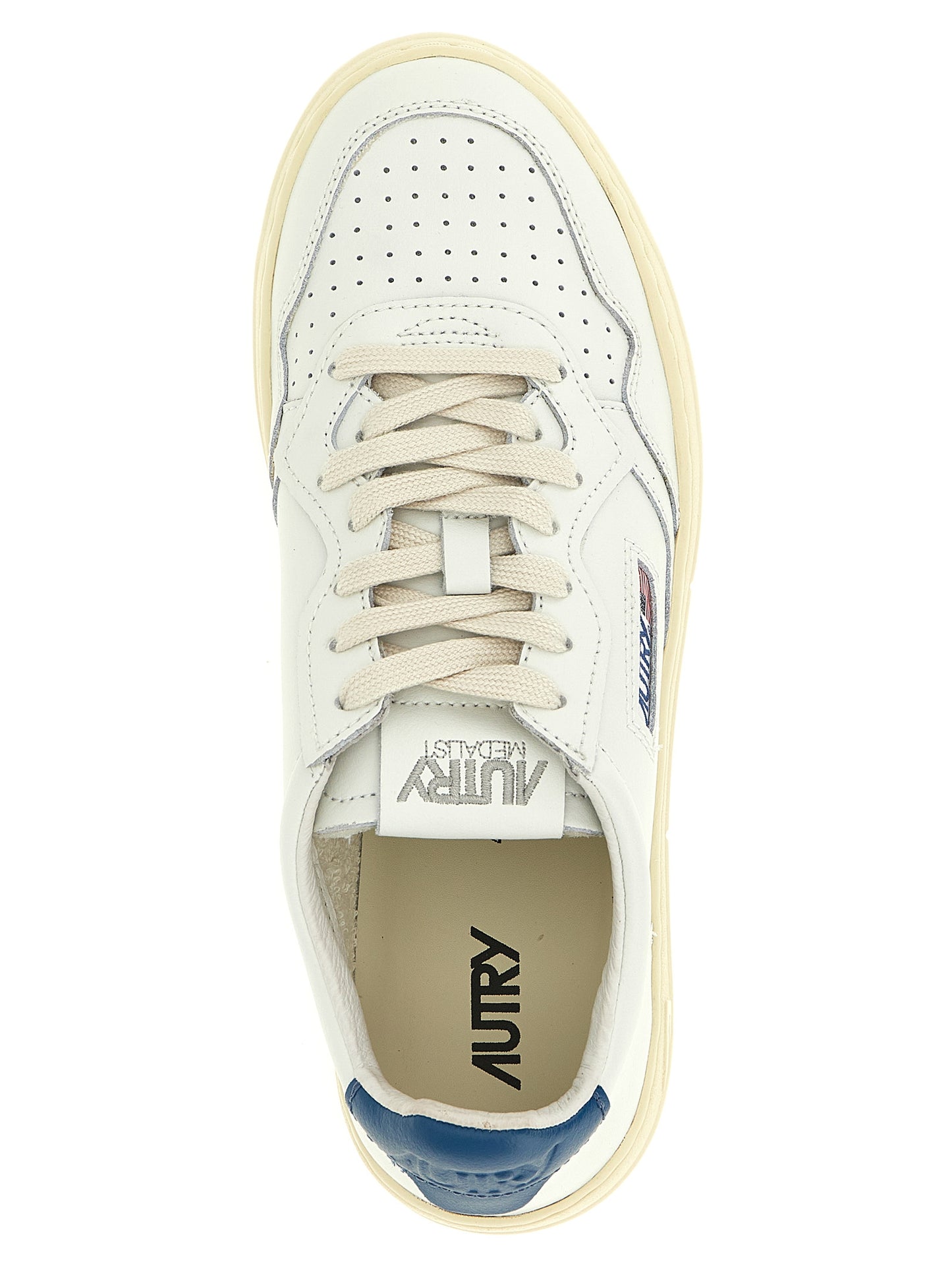 Sneakers by Autry for men in cotton & bos taurus cowhide leather blue, cream, white & signature presents a on trend silhouette from the Men's Low Top Cotton & Bos Taurus Cowhide Leather Sneakers collection, showcasing a on trend low-top style for an elevated aesthetic.