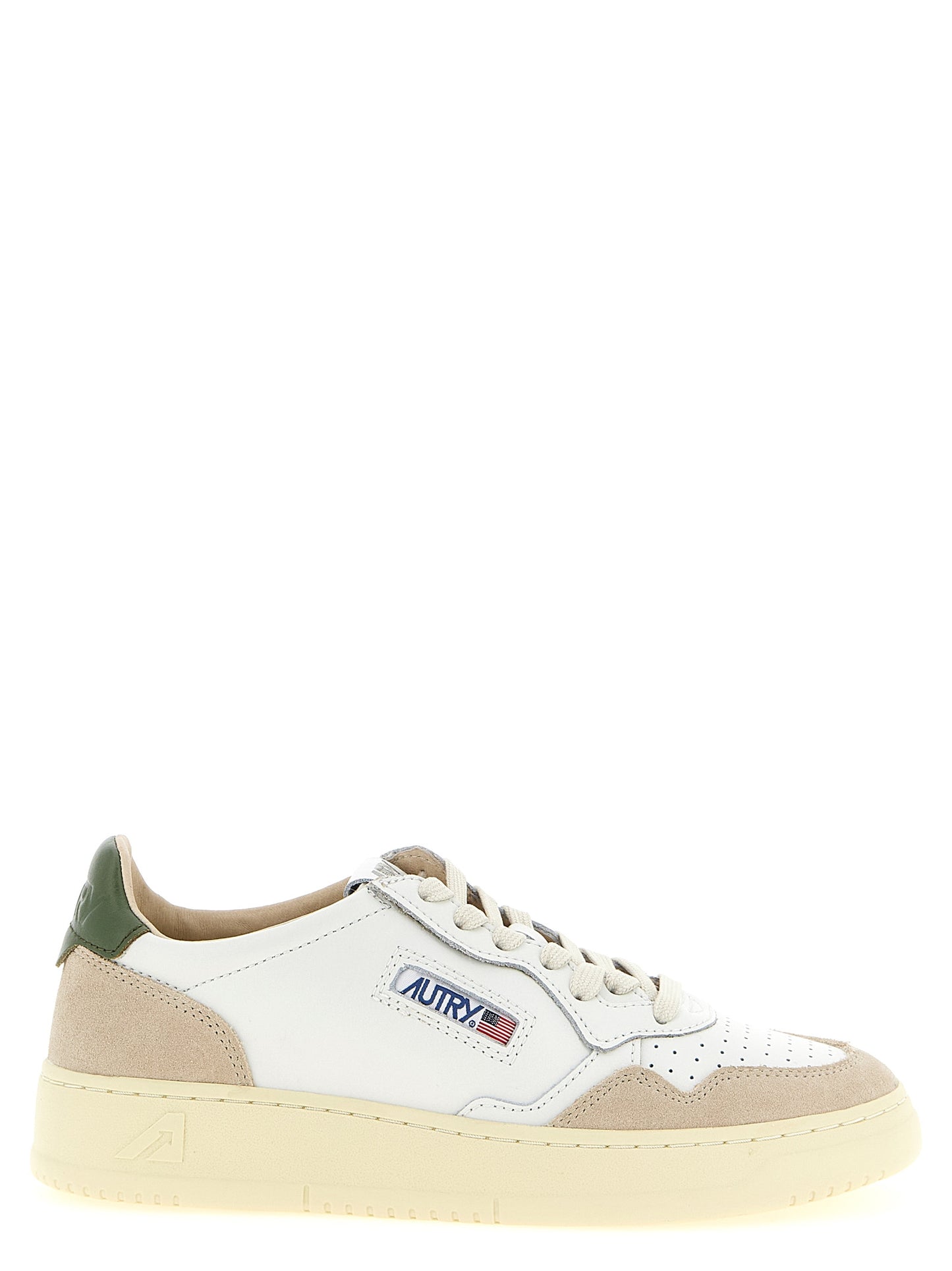 Sneakers by Autry for men in suede cowhide leather & nylon beige, green, multicolor, olive & white features an timeless silhouette from the Men's Low Top Tennis Suede Cowhide Leather & Nylon Sneakers collection, showcasing a signature low-top tennis style with an timeless finish.