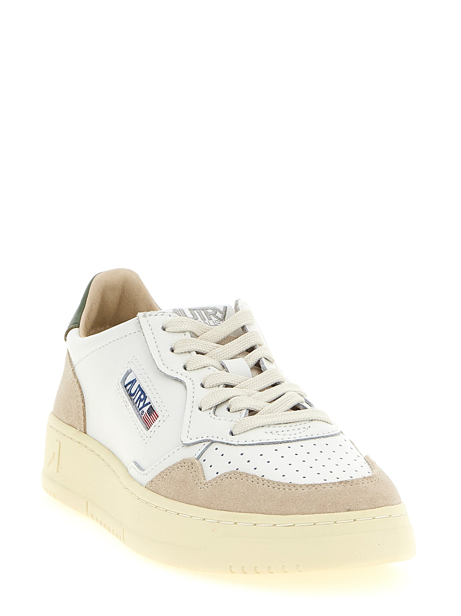 Sneakers by Autry for men in suede cowhide leather & nylon beige, green, multicolor, olive & white presents a on trend silhouette from the Men's Low Top Tennis Suede Cowhide Leather & Nylon Sneakers collection, showcasing a on trend low-top tennis style for an elevated aesthetic.