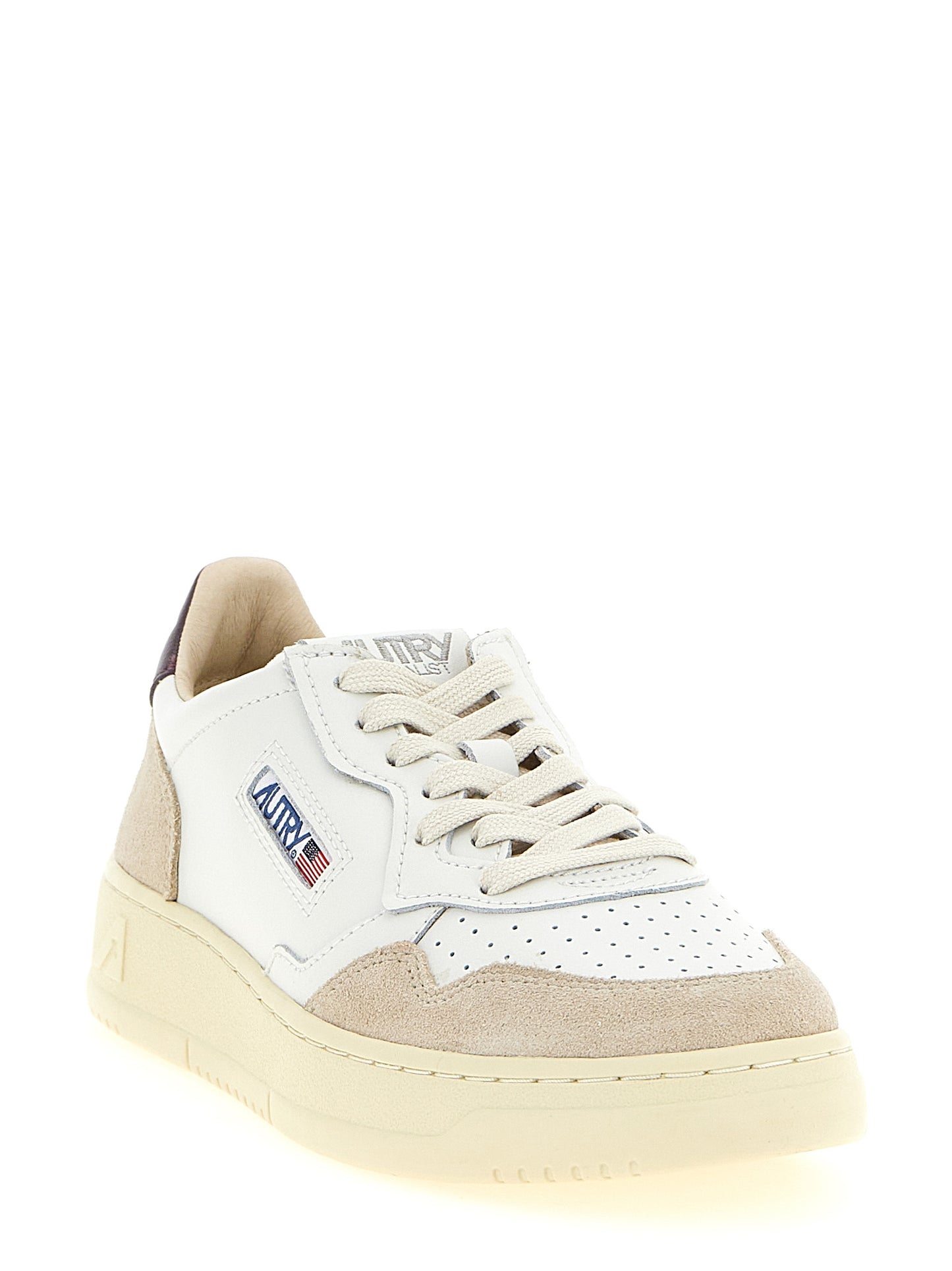 Athletic Sneakers by Autry for men in nylon & cowhide suede leather beige, multicolor, purple, white & signature features an timeless silhouette from the Men's Athletic Nylon & Cowhide Suede Leather Sneakers collection, showcasing a timeless athletic style for a timeless look.