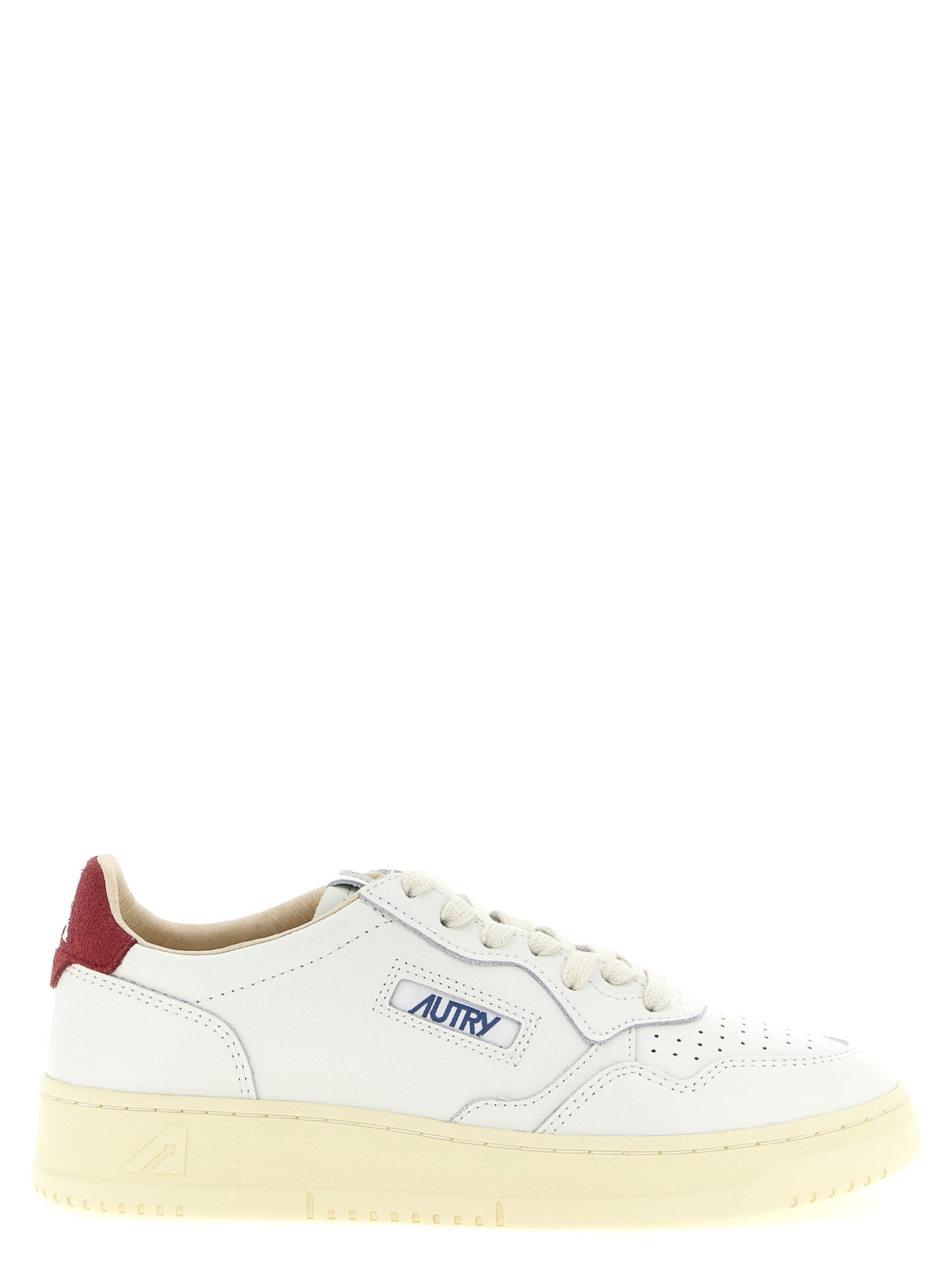 Athletic Sneakers by Autry for men in terrycloth & suede cowhide leather bordeaux, burgundy, cream, white & monogram presents a sleek silhouette, perfectly capturing the athletic style essence of Men's Athletic Terrycloth & Suede Cowhide Leather Sneakers with its sleek design and premium finish.