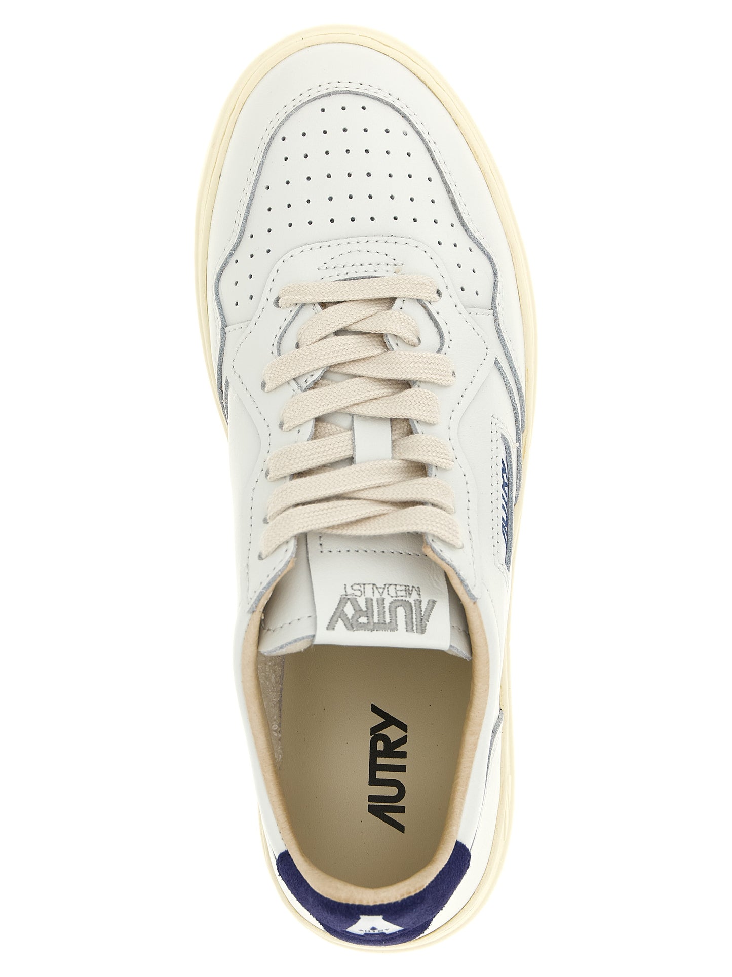 Athletic Sneakers by Autry for men in bos taurus suede cowhide leather cream, dark-blue & white presents a sleek silhouette, perfectly capturing the low-top style essence of Men's Low Top Bos Taurus Suede Cowhide Leather Athletic Sneakers with its sleek design and premium finish.