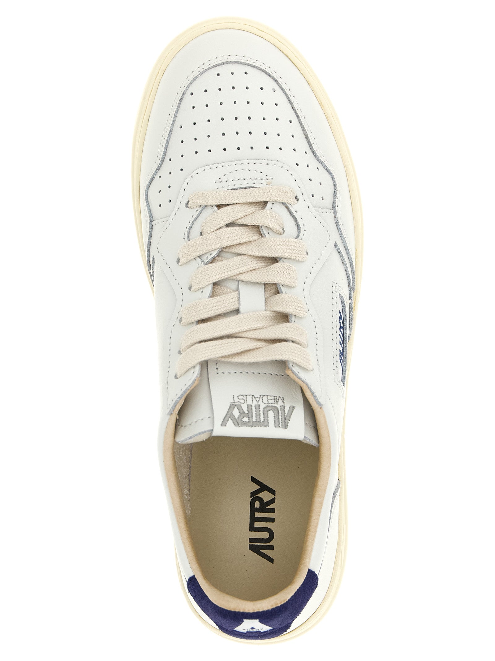 Athletic Sneakers by Autry for men in bos taurus suede cowhide leather cream, dark-blue & white presents a sleek silhouette, perfectly capturing the low-top style essence of Men's Low Top Bos Taurus Suede Cowhide Leather Athletic Sneakers with its sleek design and premium finish.