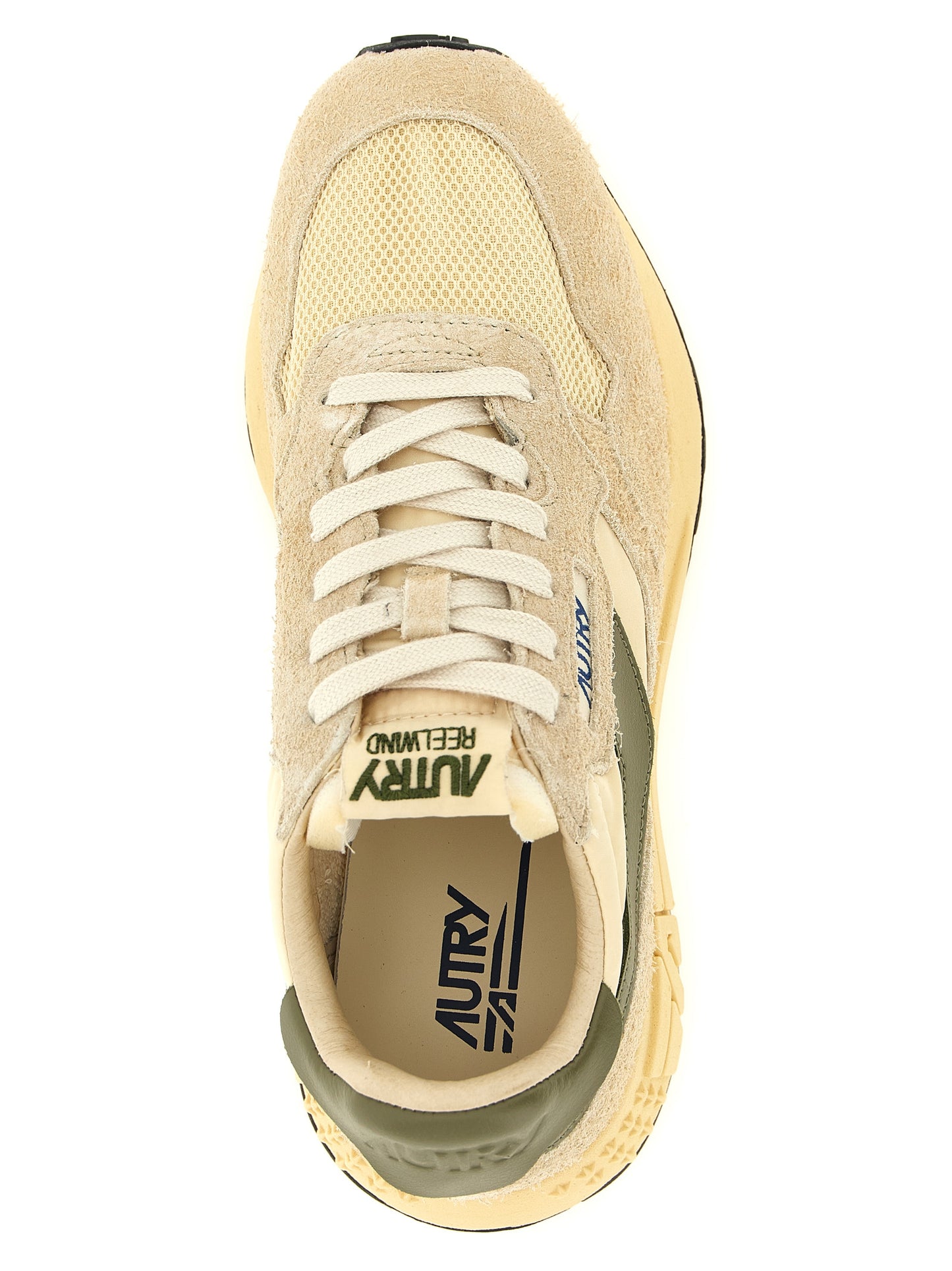 Athletic Sneakers by Autry for men in cotton nylon & suede leather bicolour, beige, cream, green, olive & patterned showcases a architectural silhouette, artfully capturing the essence of the Star Men's Athletic Cotton Nylon & Suede Leather Sneakers with its signature architectural athletic style construction.