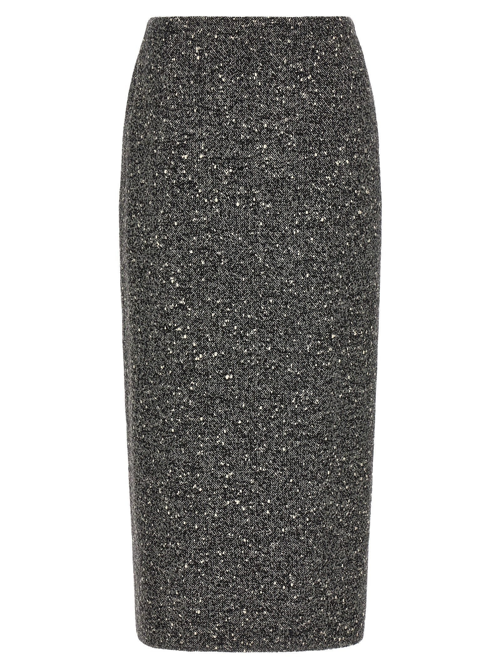 Skirt by Valentino Garavani for women in polyamide & virgin wool bicolour, black, white & chevron showcases a dramatic silhouette, artfully capturing the essence of the Women's Pencil Asymmetrical High Rise Polyamide & Virgin Wool Skirt in a dramatic midi cut for a refined look.