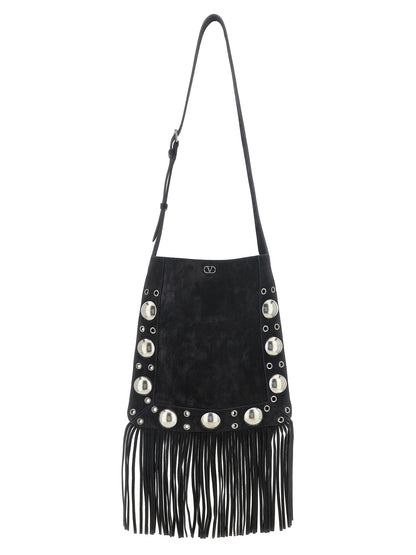 Shoulder Bag by Valentino Garavani for men in suede calfskin leather black, silver & signature presents a versatile silhouette, showcasing a secure and versatile with versatile shoulder-strap & adjustable-strap for a sophisticated look.