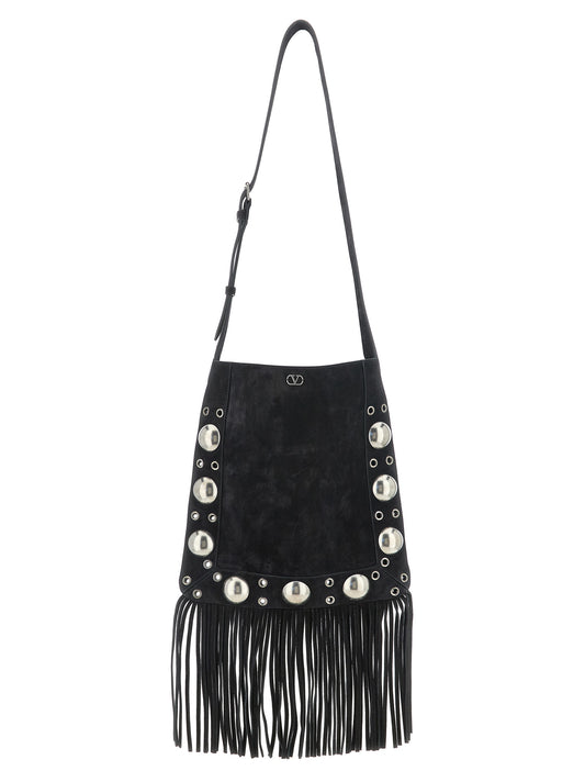 Shoulder Bag by Valentino Garavani for men in suede calfskin leather black, silver & signature presents a versatile silhouette, showcasing a secure and versatile with versatile shoulder-strap & adjustable-strap for a sophisticated look.