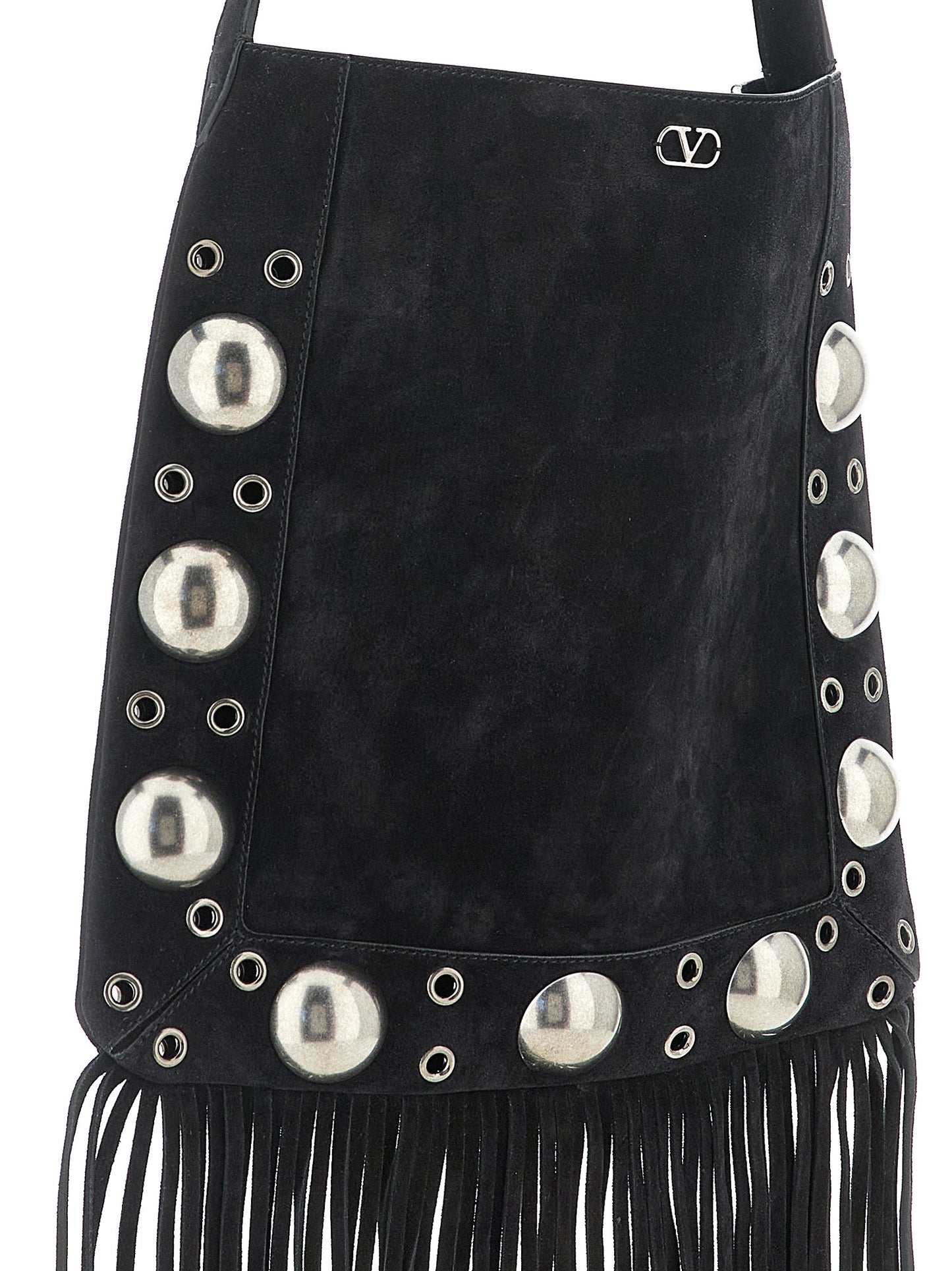 Shoulder Bag by Valentino Garavani for men in suede calfskin leather black, silver & signature features an effortlessly chic silhouette with a secure , ample , and versatile shoulder-strap & adjustable-strap for effortlessly chic everyday luxury.