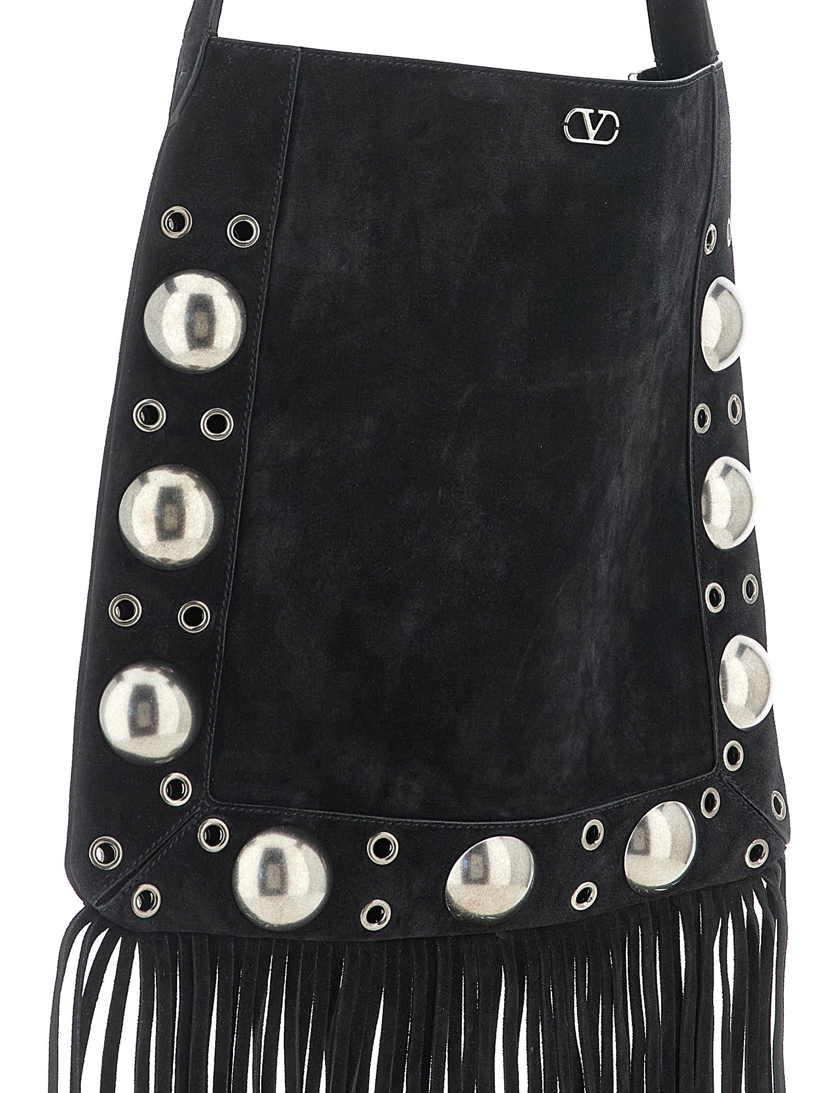 Shoulder Bag by Valentino Garavani for men in suede calfskin leather black, silver & signature features an effortlessly chic silhouette with a secure , ample , and versatile shoulder-strap & adjustable-strap for effortlessly chic everyday luxury.