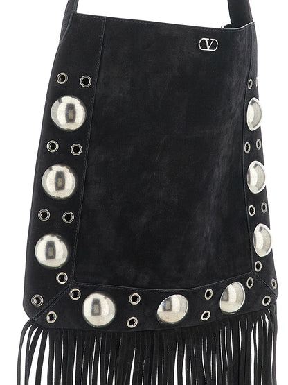 Shoulder Bag by Valentino Garavani for men in suede calfskin leather black, silver & signature features an effortlessly chic silhouette with a secure , ample , and versatile shoulder-strap & adjustable-strap for effortlessly chic everyday luxury.