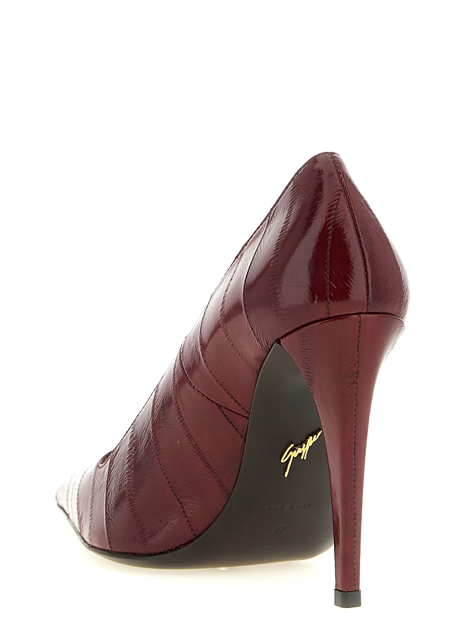 High-Heel Stiletto Pumps Heels by Giuseppe Zanotti for women in eel leather bordeaux & burgundy features a effortless chic silhouette, showcasing the Women's Eel Leather High-Heel Stiletto Pumps Heels design with a effortless chic stiletto high-heel and for a effortless chic finish.