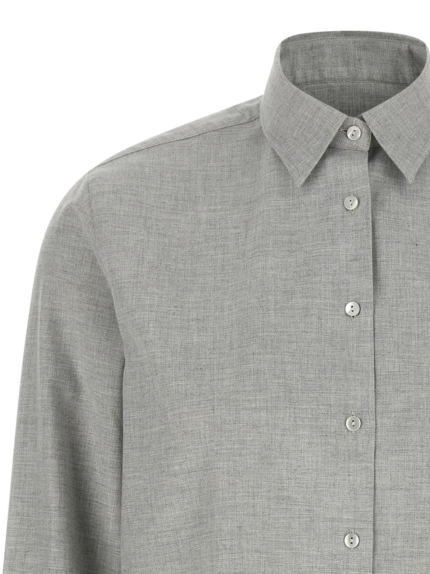 Blouse by XACUS for women in cotton flannel gray showcases a sharp silhouette, elegantly detailed with a sharp and sharp .