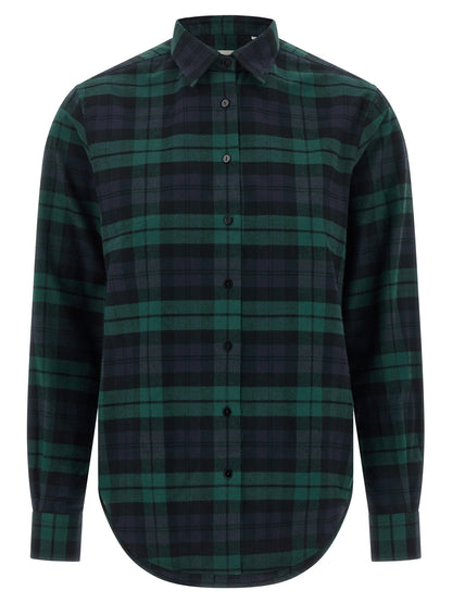 Blouse by XACUS for women in cotton flannel green, multicolor, navy, patterned & tartan features an architectural silhouette with a refined and elegant for a architectural look.