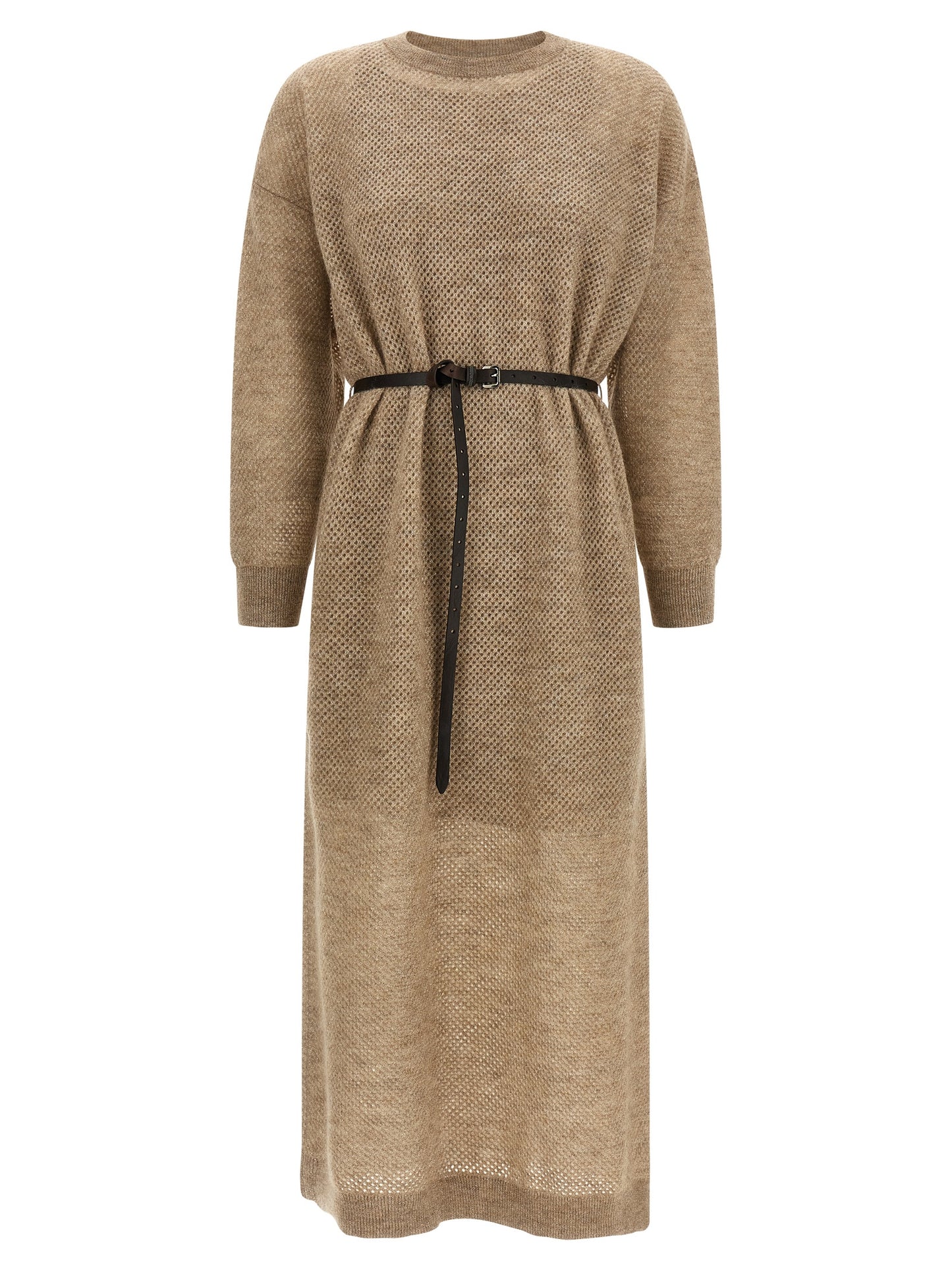 Dress by Brunello Cucinelli for women in polyamide leather mohair metallized fiber wool beige features an eye catching silhouette with a sophisticated crew neckline, elegant long-sleeve, and a refined midi for a eye catching aesthetic.