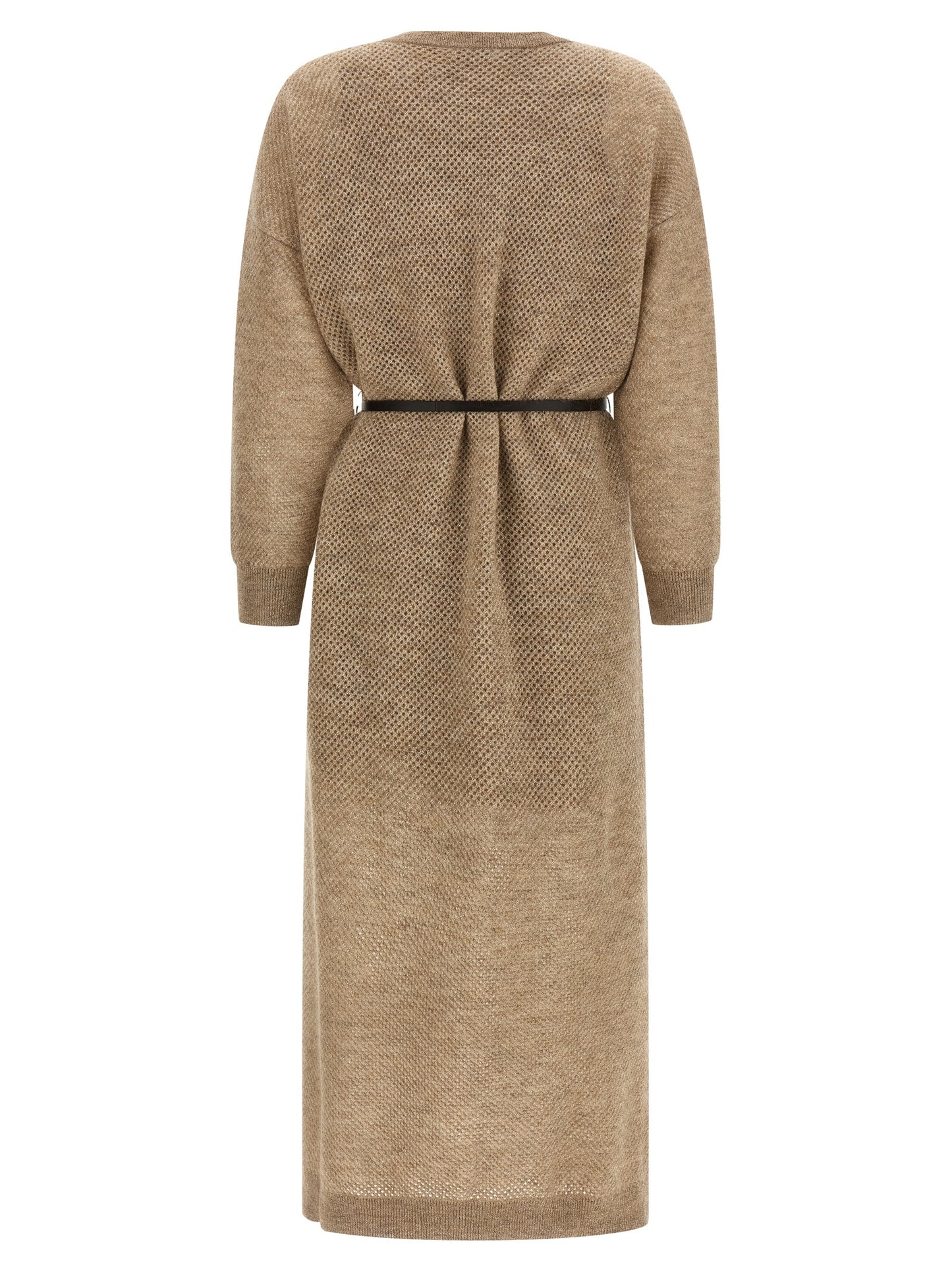 Dress by Brunello Cucinelli for women in polyamide leather mohair metallized fiber wool beige features an magnificent silhouette, artfully detailed with a magnificent crew neckline and that flows into an magnificent midi.