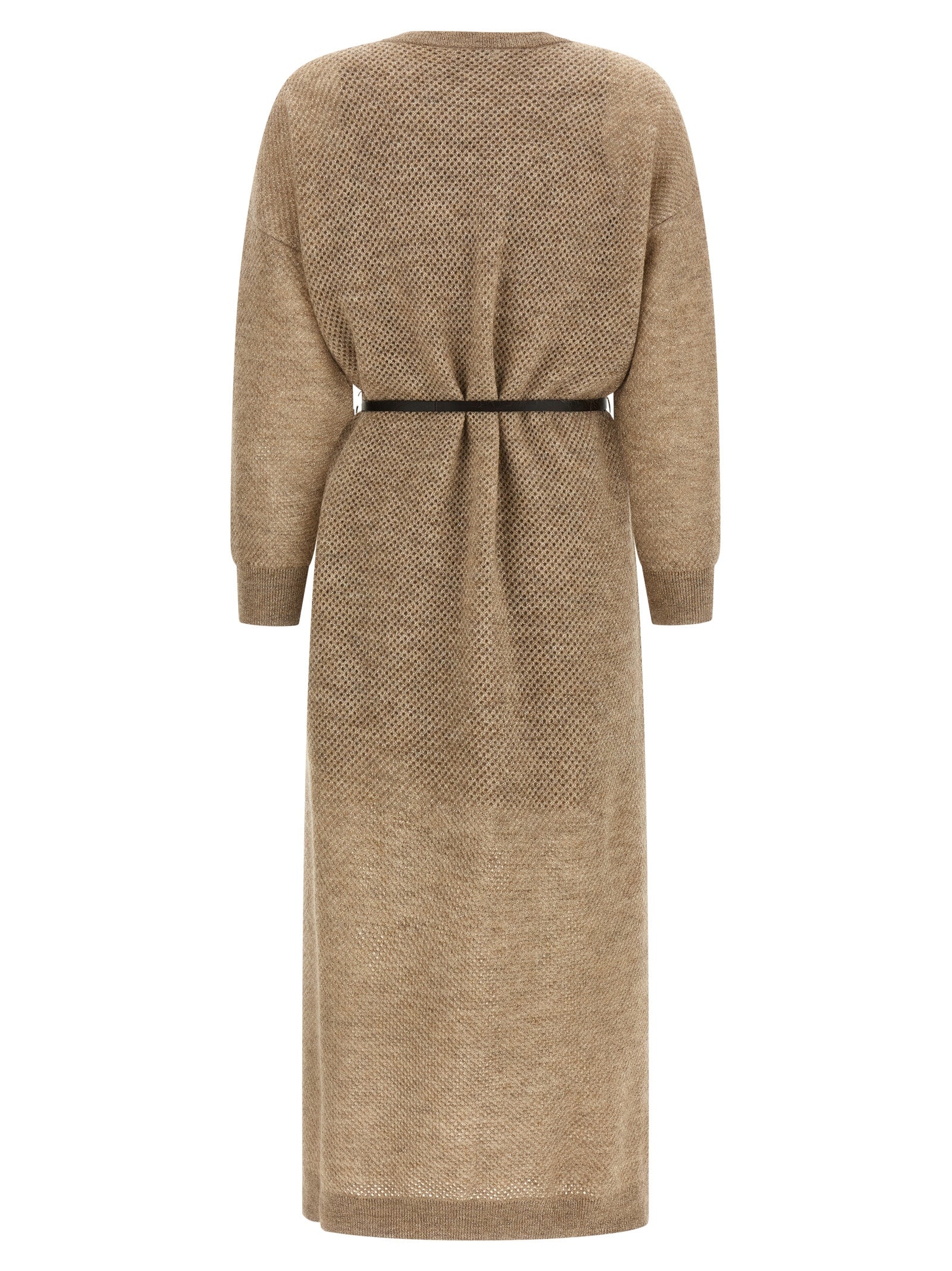 Dress by Brunello Cucinelli for women in polyamide leather mohair metallized fiber wool beige features an magnificent silhouette, artfully detailed with a magnificent crew neckline and that flows into an magnificent midi.