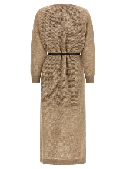 Dress by Brunello Cucinelli for women in polyamide leather mohair metallized fiber wool beige features an magnificent silhouette, artfully detailed with a magnificent crew neckline and that flows into an magnificent midi.
