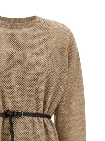 Dress by Brunello Cucinelli for women in polyamide leather mohair metallized fiber wool beige features an eye catching silhouette with a sophisticated crew neckline, elegant , and a refined midi for a eye catching aesthetic.
