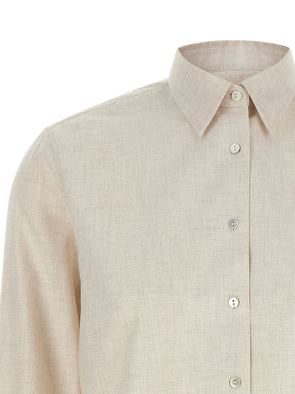 Blouse by XACUS for women in cotton beige & sand showcases a sleek silhouette, elegantly detailed with a sleek and for a sleek finish.