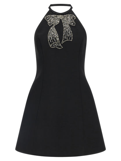 Valentino Garavani Flow Women's A Line Silk Virgin Wool Crepe & Sequins Dress - Black Silver