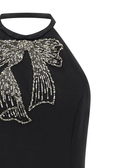 Valentino Garavani Flow Women's A Line Silk Virgin Wool Crepe & Sequins Dress - Black Silver