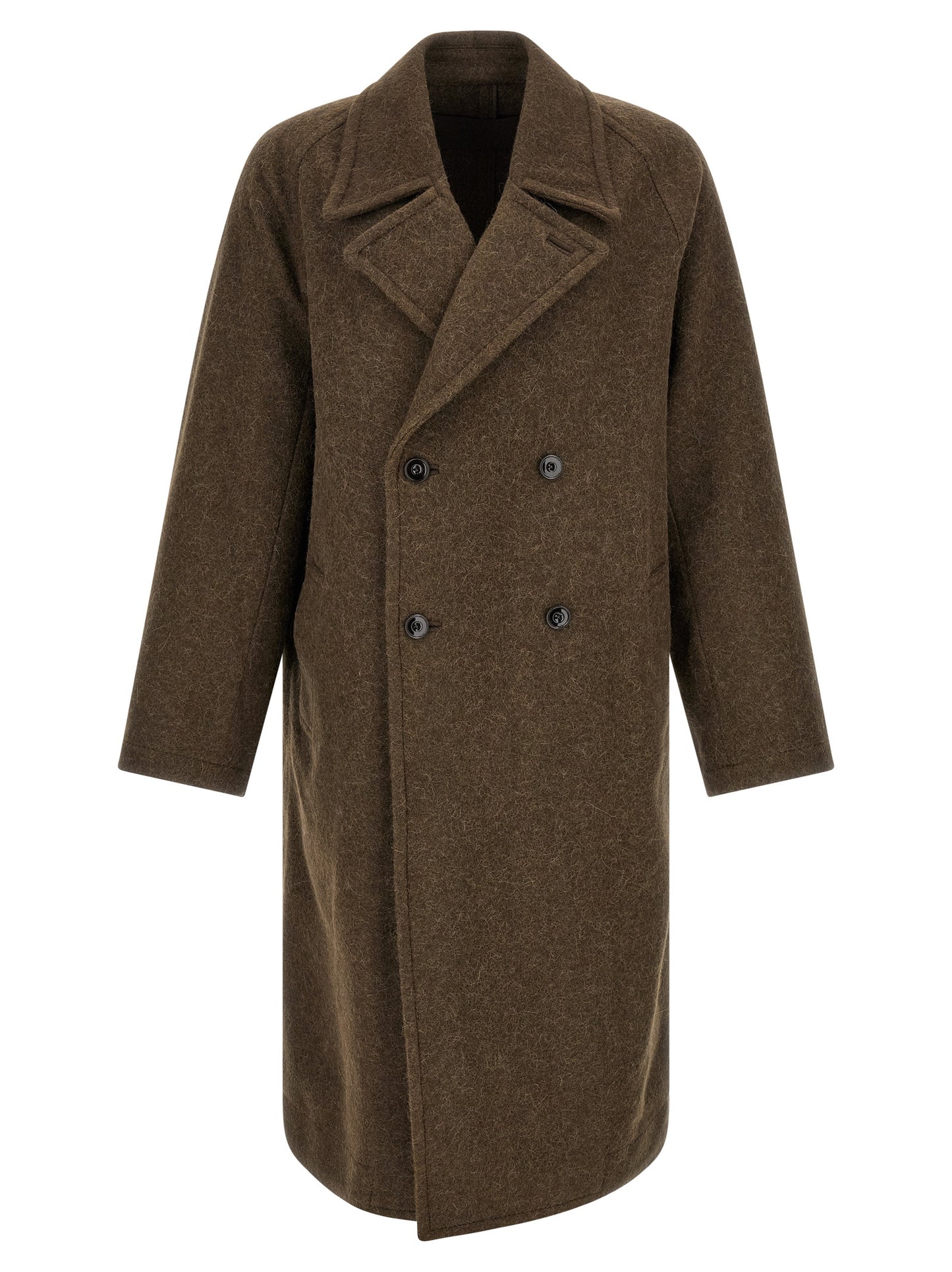 Overcoat by Lemaire for men in alpaca wool brown features an voluminous silhouette, showcasing distinct pockets and a voluminous split lapel neckline for a truly voluminous aesthetic.