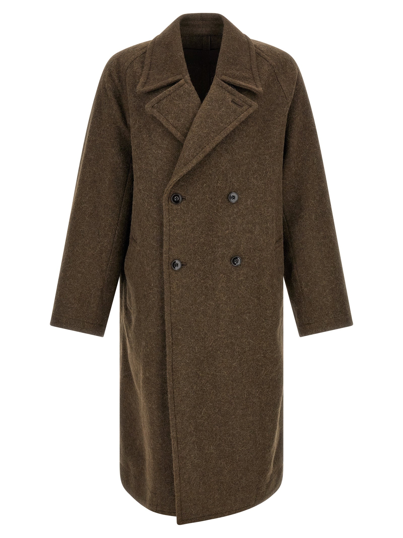 Overcoat by Lemaire for men in alpaca wool brown features an voluminous silhouette, showcasing distinct pockets and a voluminous split lapel neckline for a truly voluminous aesthetic.