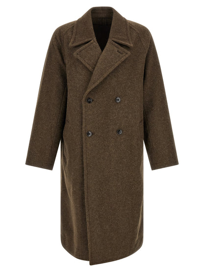 Overcoat by Lemaire for men in alpaca wool brown features an voluminous silhouette, showcasing distinct pockets and a voluminous split lapel neckline for a truly voluminous aesthetic.