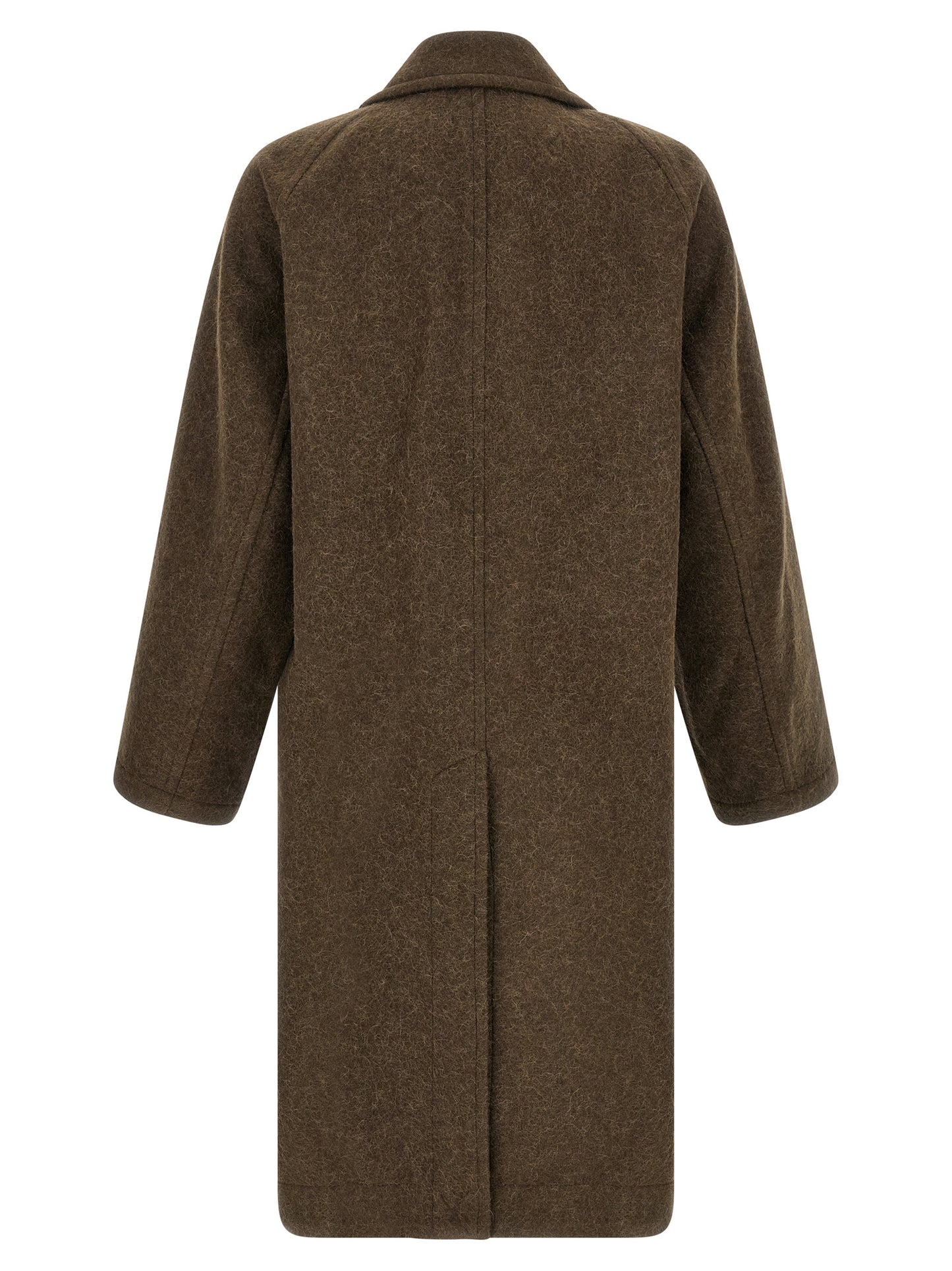 Overcoat by Lemaire for men in alpaca wool brown features an satoral silhouette, showcasing a sophisticated split lapel neckline and satoral pockets for a premium, timeless look.
