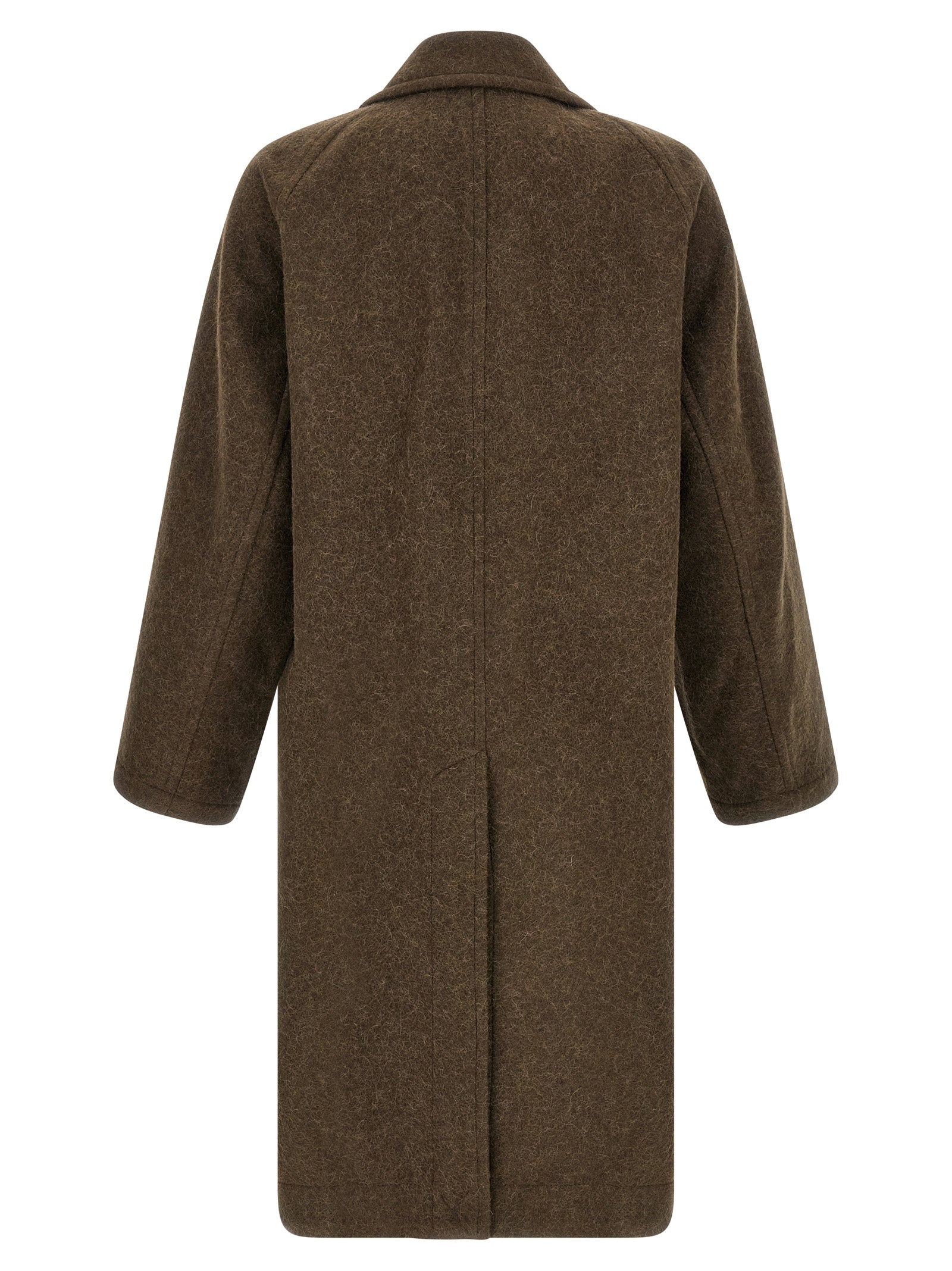 Overcoat by Lemaire for men in alpaca wool brown features an satoral silhouette, showcasing a sophisticated split lapel neckline and satoral pockets for a premium, timeless look.