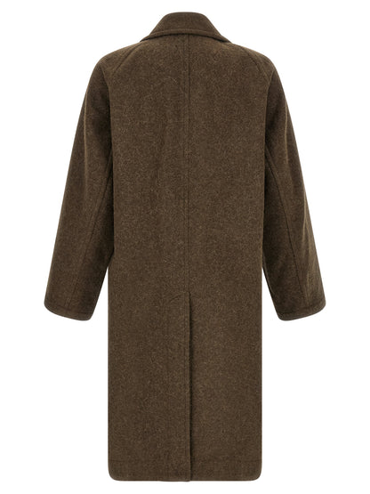 Overcoat by Lemaire for men in alpaca wool brown features an satoral silhouette, showcasing a sophisticated split lapel neckline and satoral pockets for a premium, timeless look.