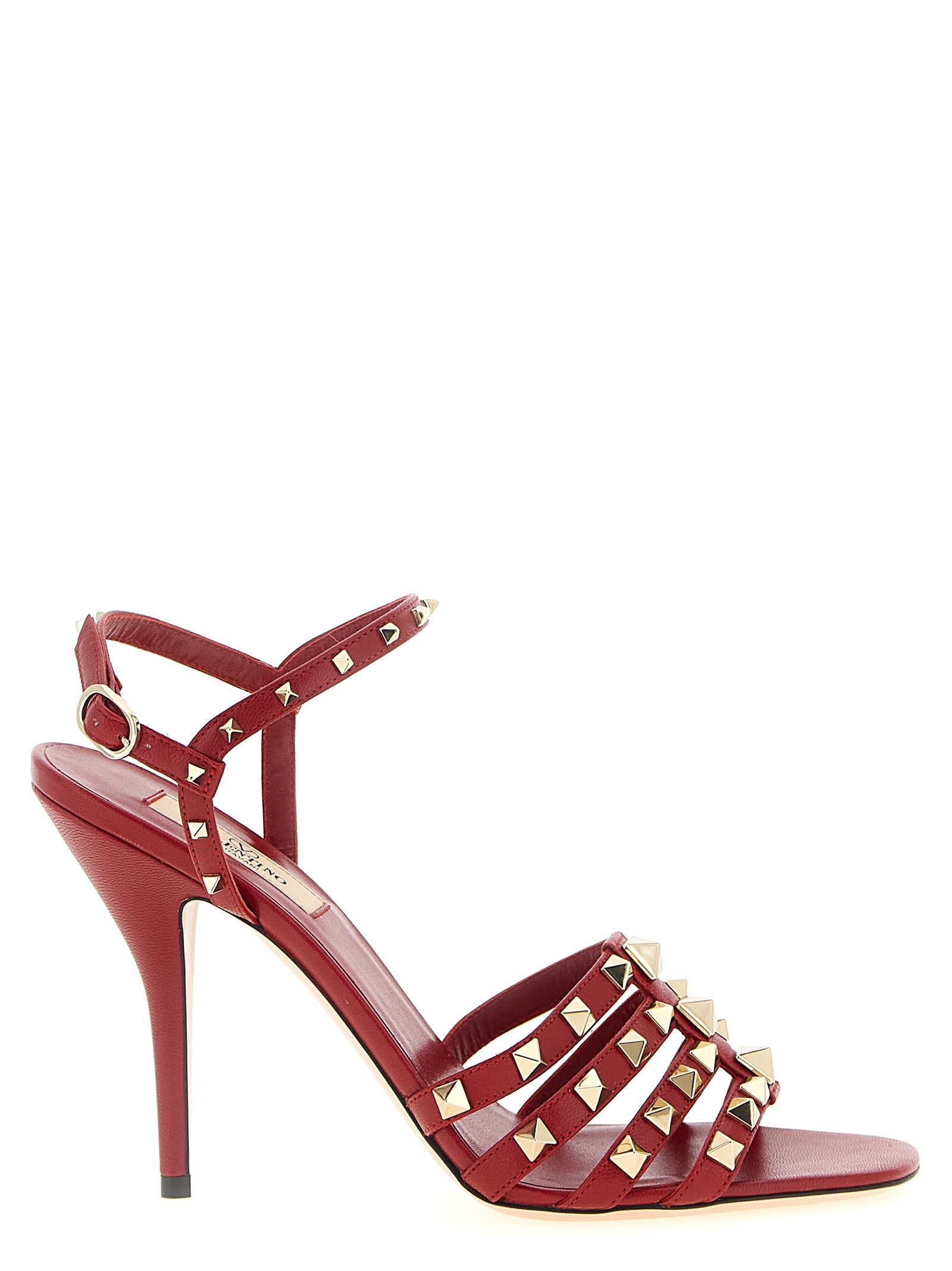Stiletto Ankle Strap Sandals by Valentino Garavani for women in calfskin leather multicolor & red features an exquisite silhouette, showcasing the exquisite Rockstud Women's Calfskin Leather Stiletto Ankle Strap Sandals with a stiletto and .