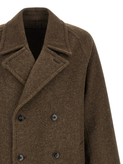 Overcoat by Lemaire for men in alpaca wool brown features a cosy chic silhouette, artfully detailed with a sophisticated split lapel neckline and premium pockets for a cosy chic finish.