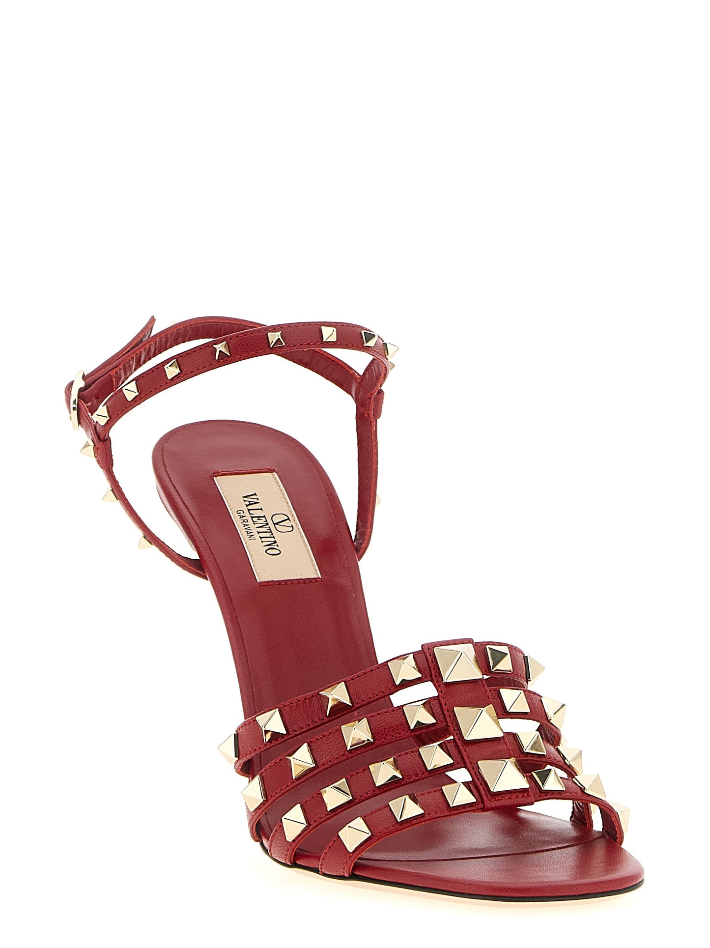 Stiletto Ankle Strap Sandals by Valentino Garavani for women in calfskin leather multicolor & red presents a sculptural silhouette, showcasing the Rockstud Women's Calfskin Leather Stiletto Ankle Strap Sandals design with a sculptural stiletto and for a premium look.