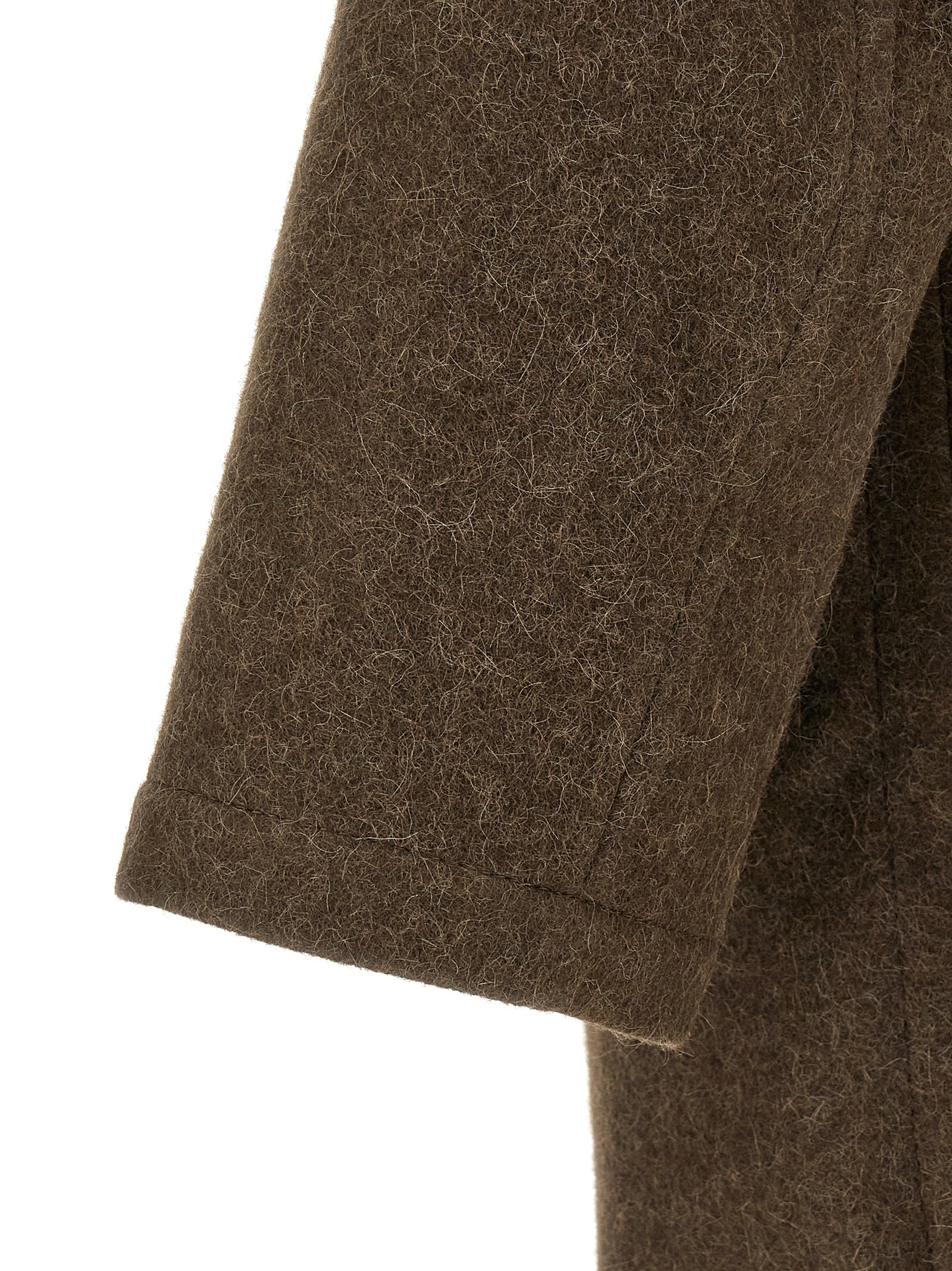 Overcoat by Lemaire for men in alpaca wool brown showcases a architectural silhouette, artfully detailed with a distinctive and functional pockets for a architectural finish.