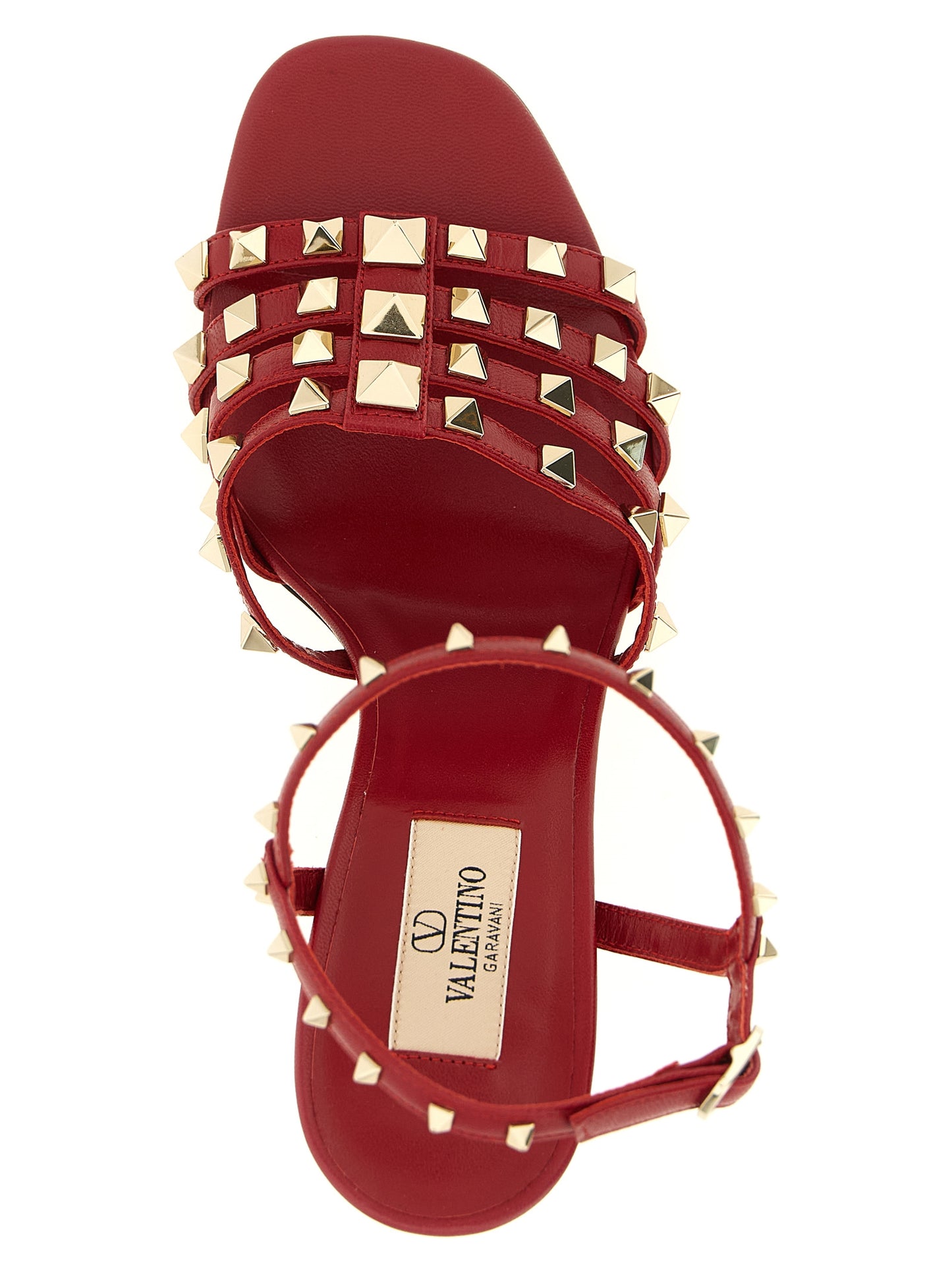 Stiletto Ankle Strap Sandals by Valentino Garavani for women in calfskin leather and multicolor & red presents a captivating silhouette, showcasing the signature style of the Rockstud Women's Calfskin Leather Stiletto Ankle Strap Sandals with a captivating stiletto and captivating .