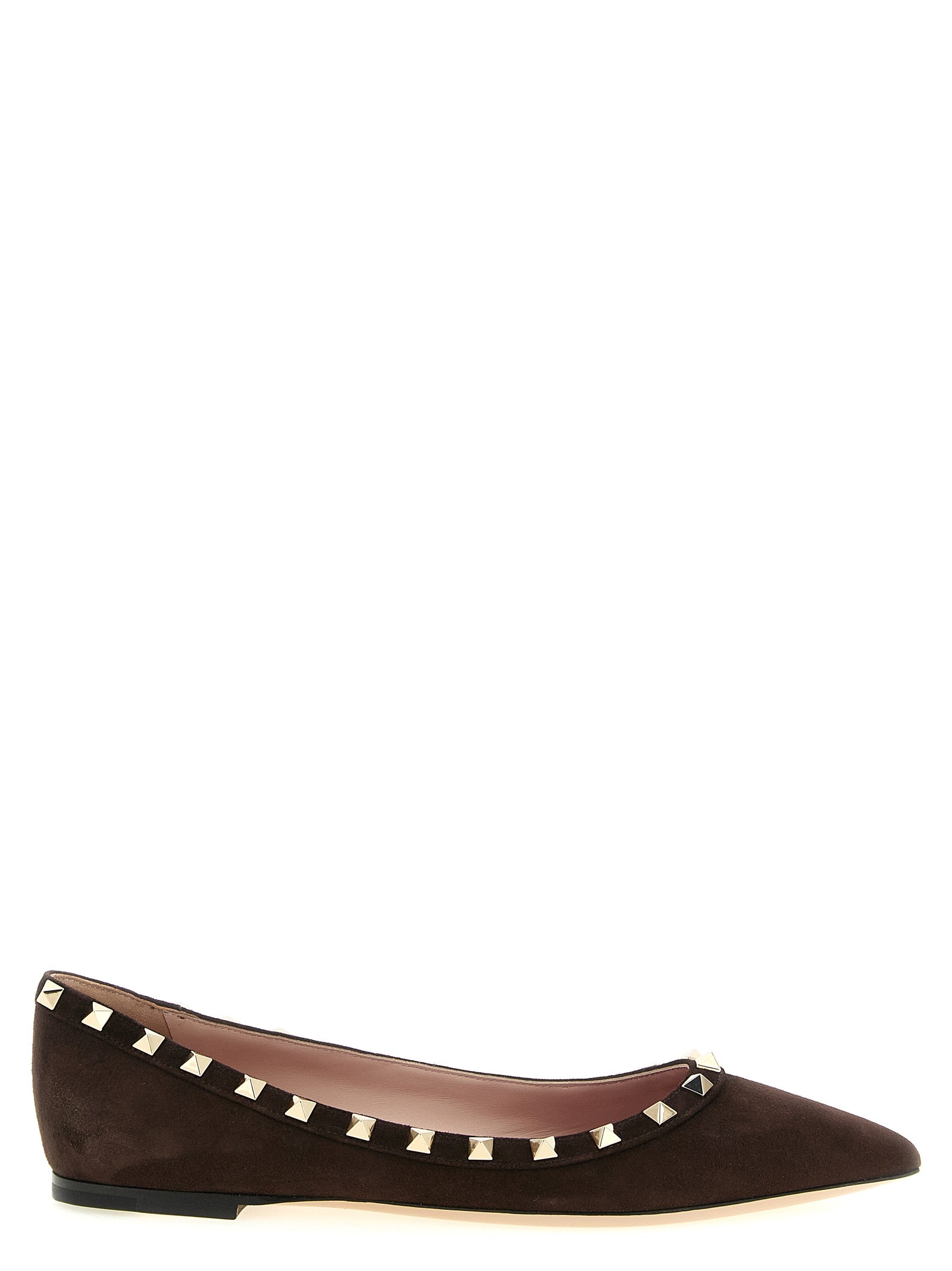 Ballet Flat Shoes by Valentino Garavani for women in bos taurus suede calfskin leather brown & red presents a impeccable silhouette as Essence Rockstud Women's Bos Taurus Suede Calfskin Leather Ballet Flat Shoes, artfully designed with a and a impeccable for a refined, upscale finish.
