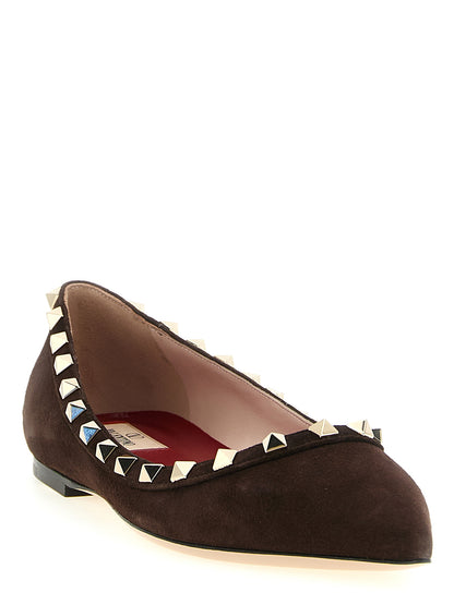 Ballet Flat Shoes by Valentino Garavani for women in bos taurus suede calfskin leather brown & red features an statuesque silhouette from the Essence Rockstud Women's Bos Taurus Suede Calfskin Leather Ballet Flat Shoes collection, showcasing a and a statuesque for a statuesque look.